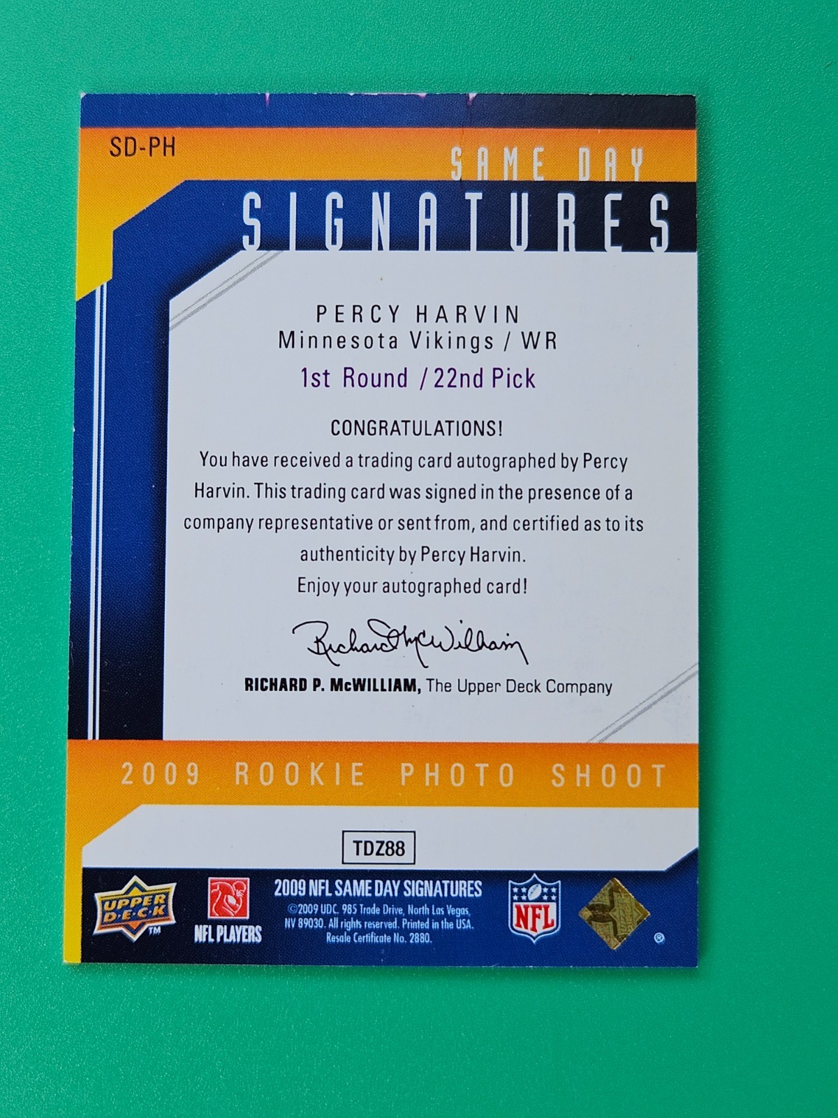 2009 Upper Deck NFL Same Day Signatures Percy Harvin #SD-PH