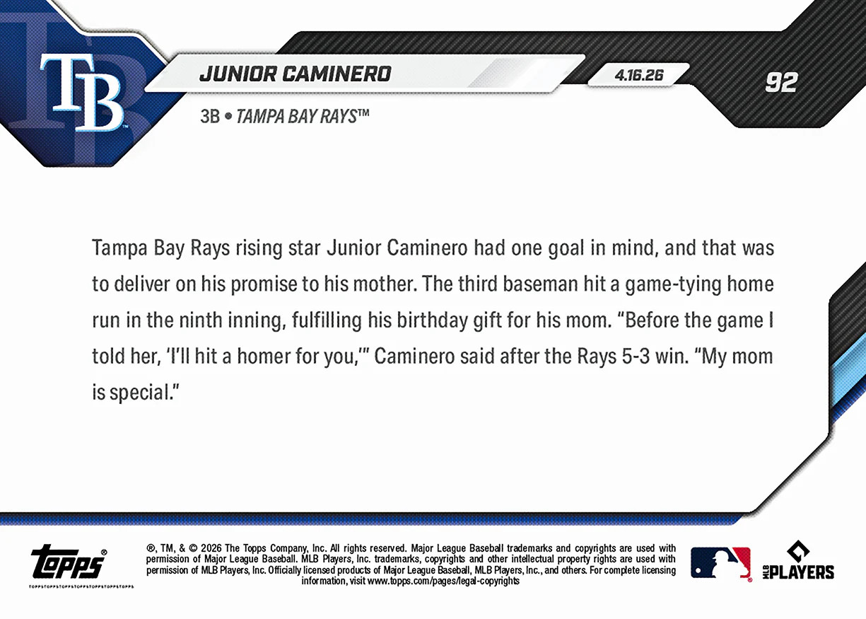 2026 Topps NOW Junior Caminero Rays Birthday HR Card 92 Tampa Bay Star SA1