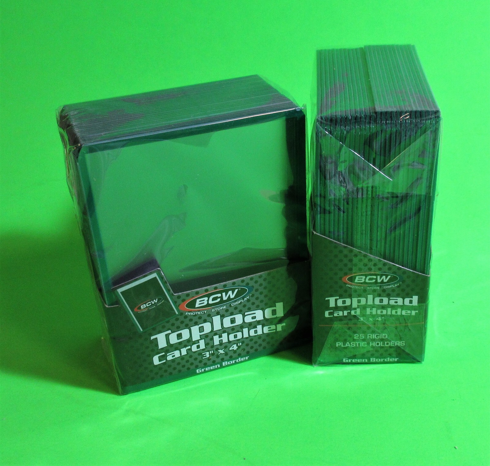 50 TOPLOAD CARD HOLDERS- GREEN BORDER, FOR TRADING CARDS,12M 3 X 4 RIGID PLASTIC