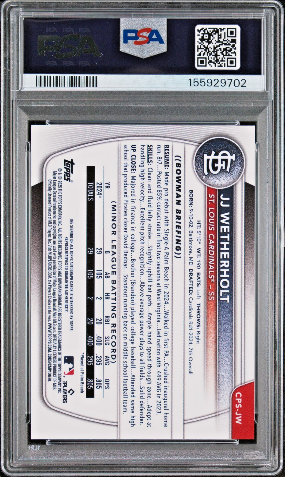2025 Bowman Sapphire JJ WETHERHOLT 1st – GREEN AUTO 90/99 – PSA 9