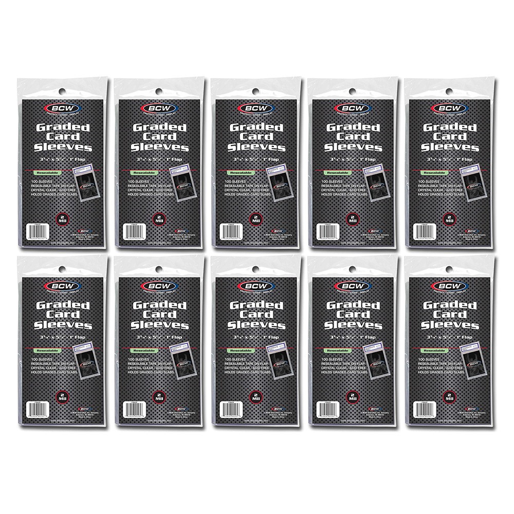 BCW Trading Card Supplies -RESEALABLE GRADED CARD SLEEVES [10 Packs =1000 Total]