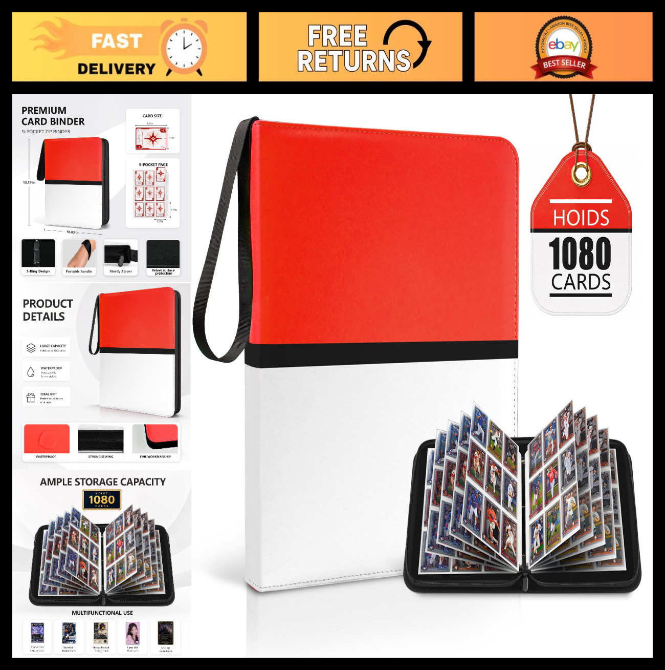 Large Capacity 9 Pocket Trading Card Binder – Holds 1080 Cards, Removable Sleeve