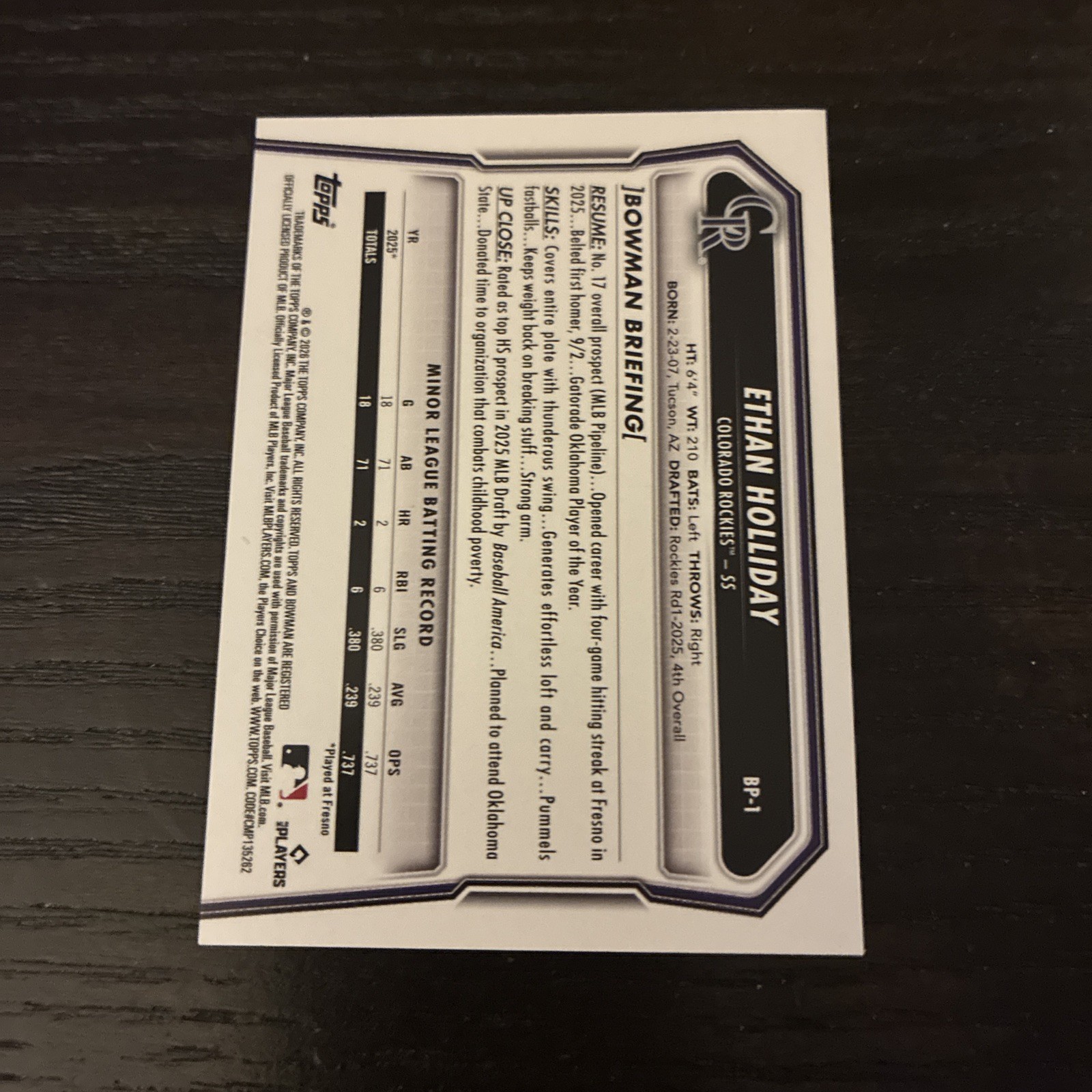Ethan Holiday RC 2026 1st Bowman Baseball #BP-1 Colorado Rockies Rookie