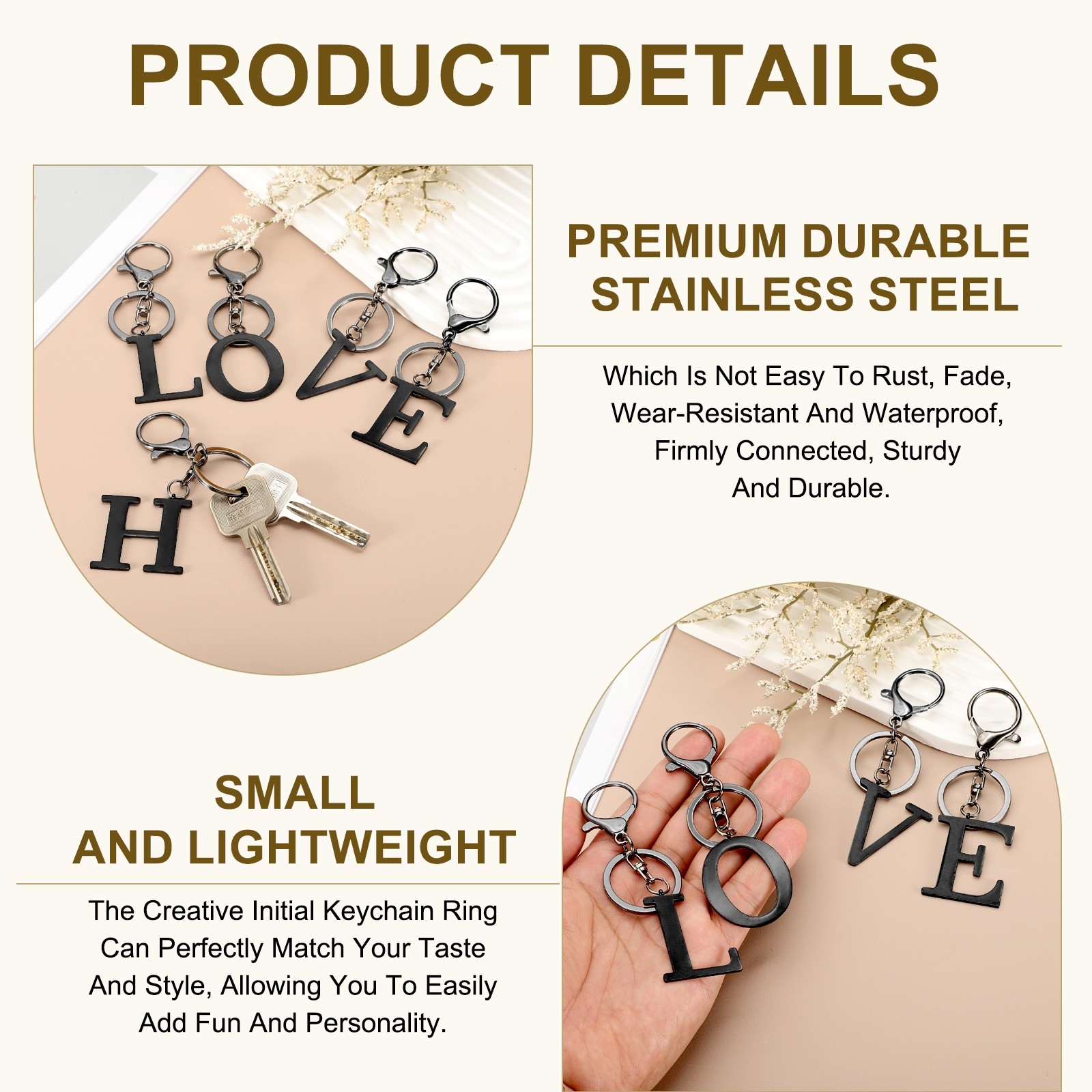 Initial Letter Keychain, 1PCS Key Chain Stainless Steel, Black ( Letter R)