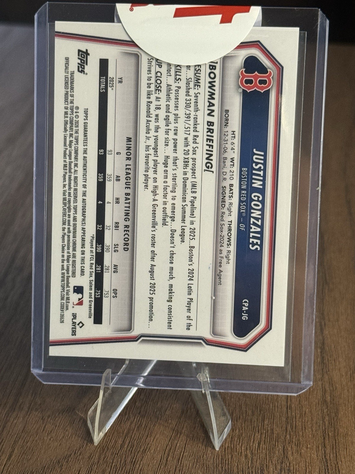 2026 Bowman Chrome – Justin Gonzales 1st Auto #CPA-JG Very Clean Red Sox