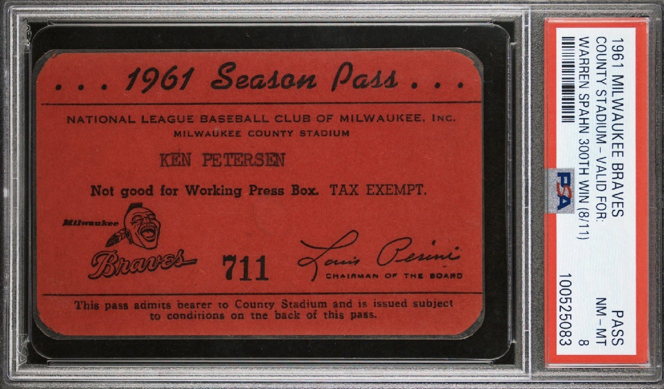 1961 Braves PSA Ticket Pass/Mays 4 HR 1 GM/Spahn No-Hit GM/300 Wins⚾️