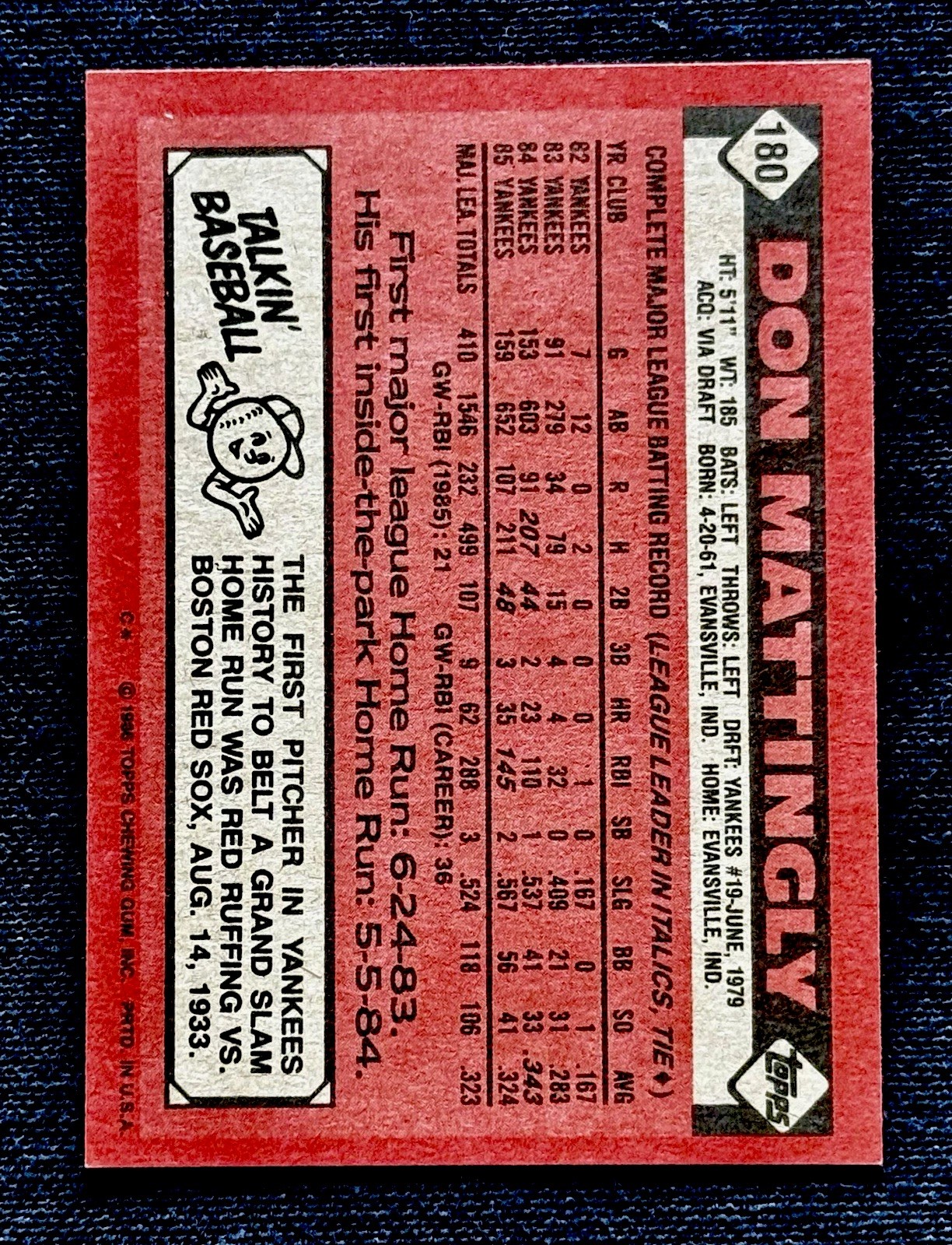 ‼️Mint/NM Vintage‼️1986 Topps Don Mattingly #180 New York Yankees ICON HOF