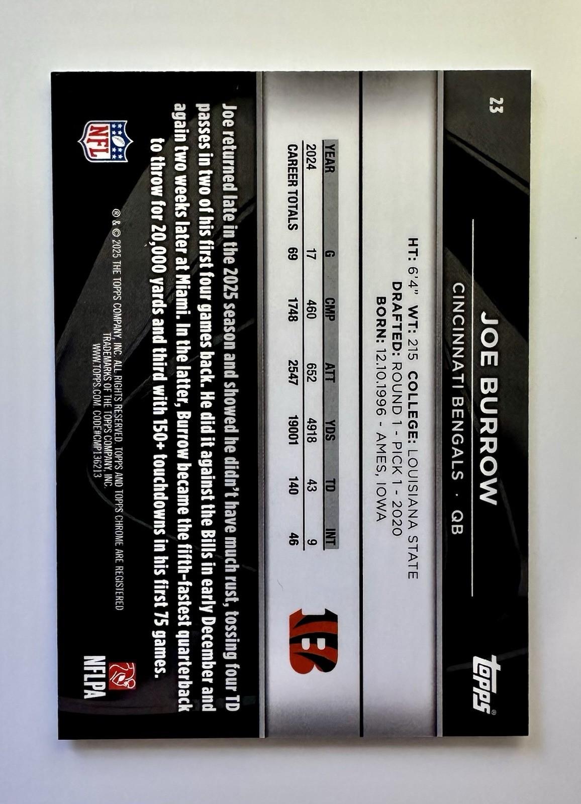 2025 Topps Chrome Black Joe Burrow Rose Gold Refractor /15 Cincinnati Bengals