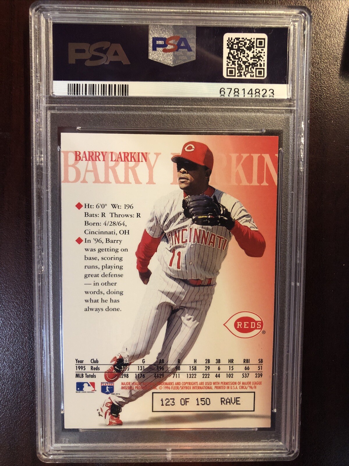 1996 SKYBOX CIRCA RAVE PARALLEL 117 BARRY LARKIN REDS SP #/150 PSA 9 MINT LO POP