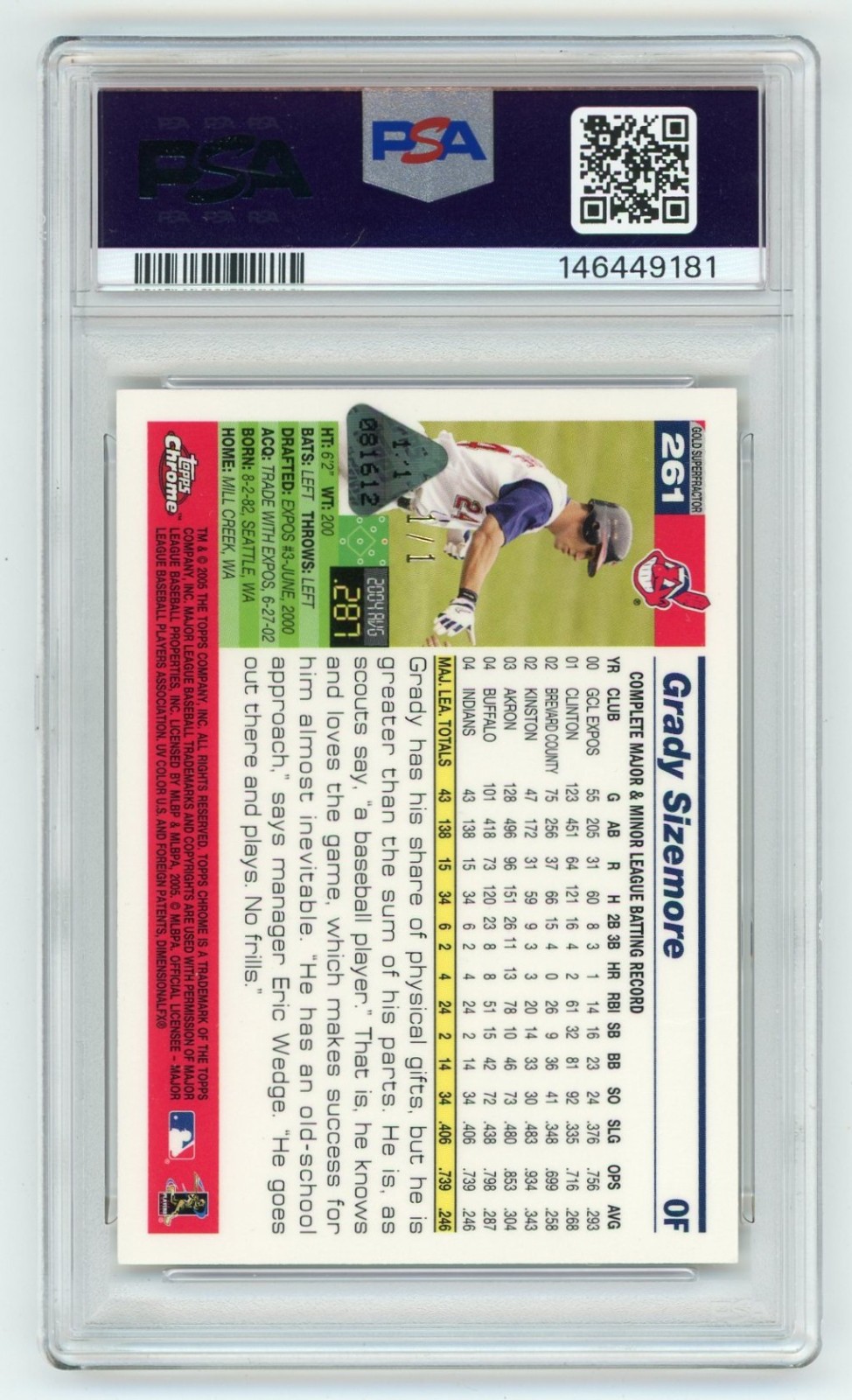 2005 Topps Chrome Grady Sizemore Gold Superfractor 1/1 PSA 9 Refractor Card #261