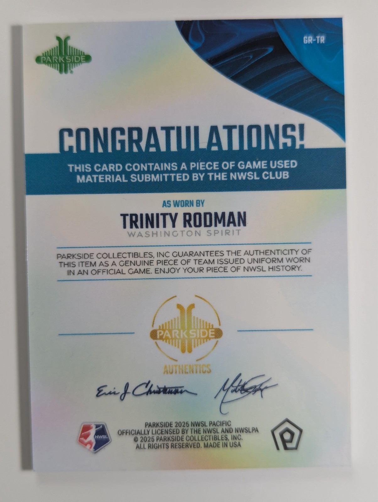 2025 Parkside NWSL Pacific Trinity Rodman Game Worn Relic QTY