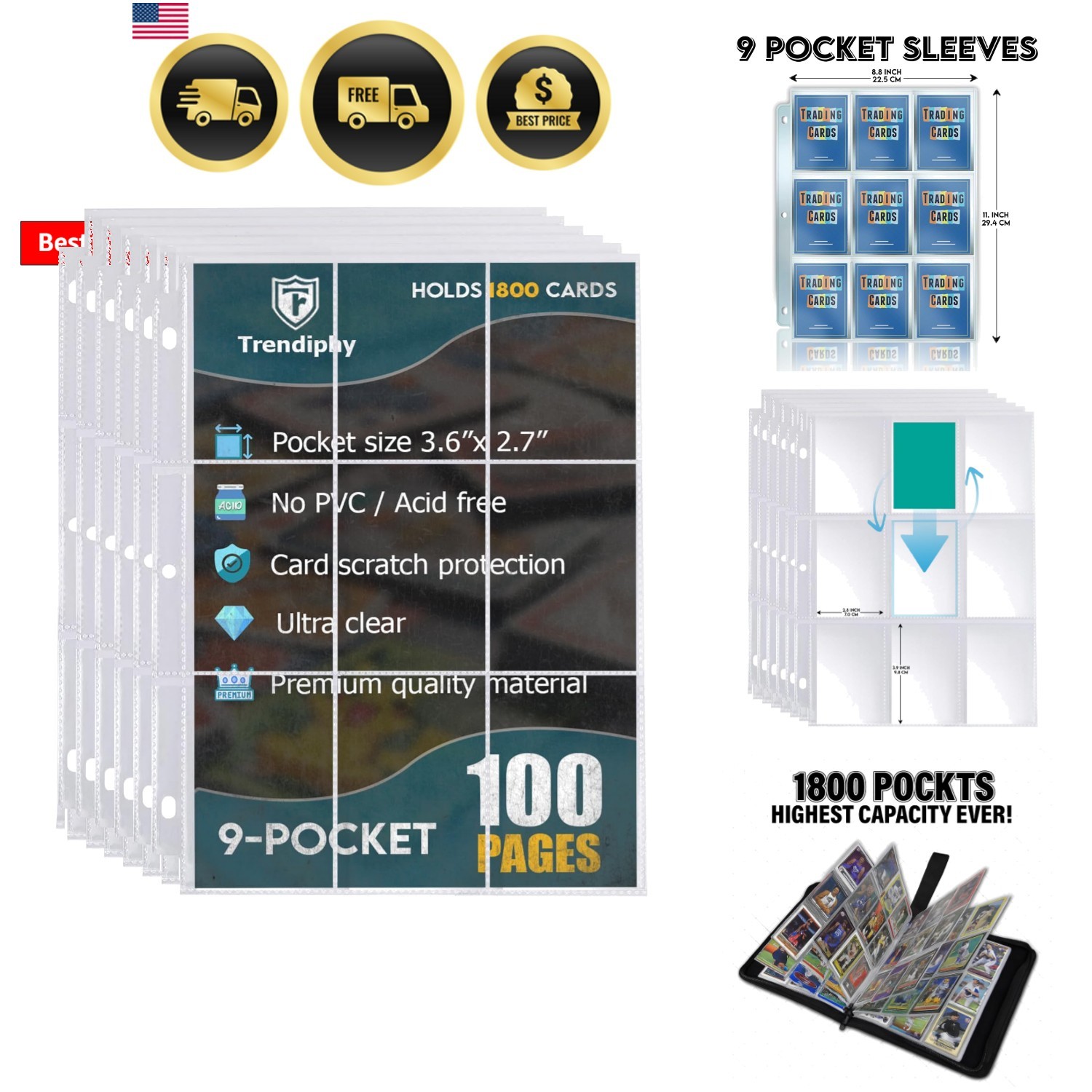 1800 Pockets Trading Card Sleeves, 9-Pocket 100 Pages, Double-Sided Baseball…