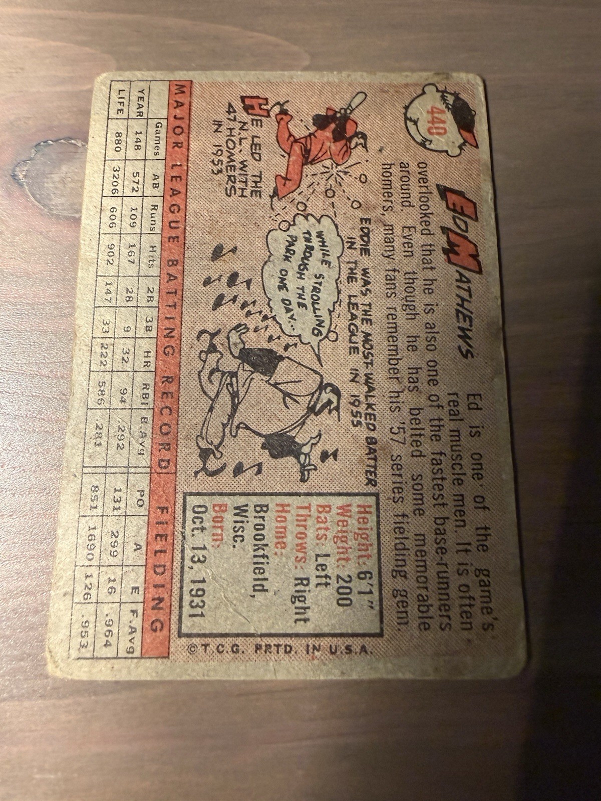 Topps 1958 #440 Ed Mathews Milwaukee Braves Base Set Baseball Card