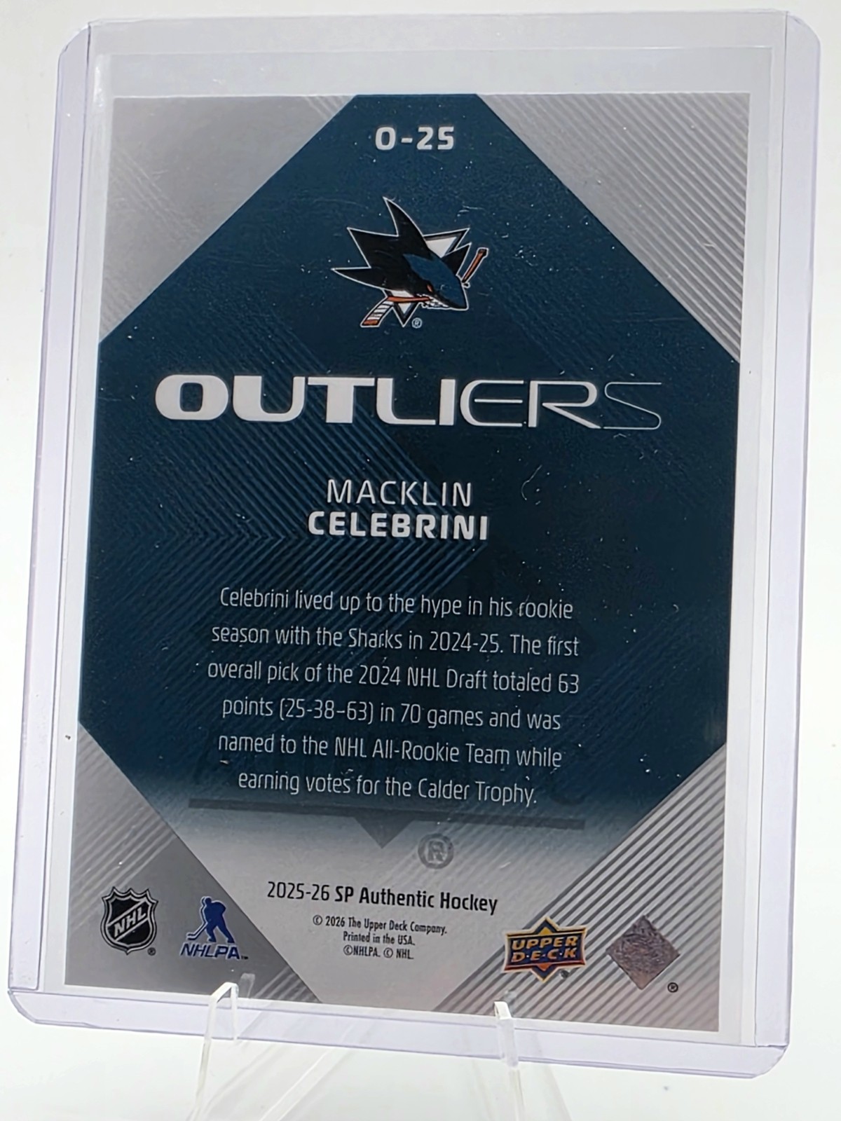 2025-26 UD SP Authentic Outliers Macklin Celebrini #O-25 San Jose Sharks