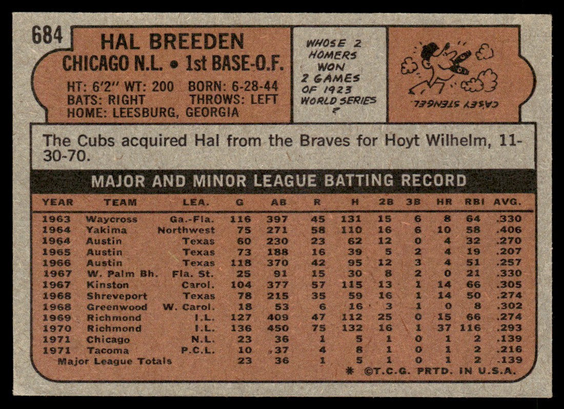 1972 Topps Baseball Card Hal Breeden RC Chicago Cubs #684 NM