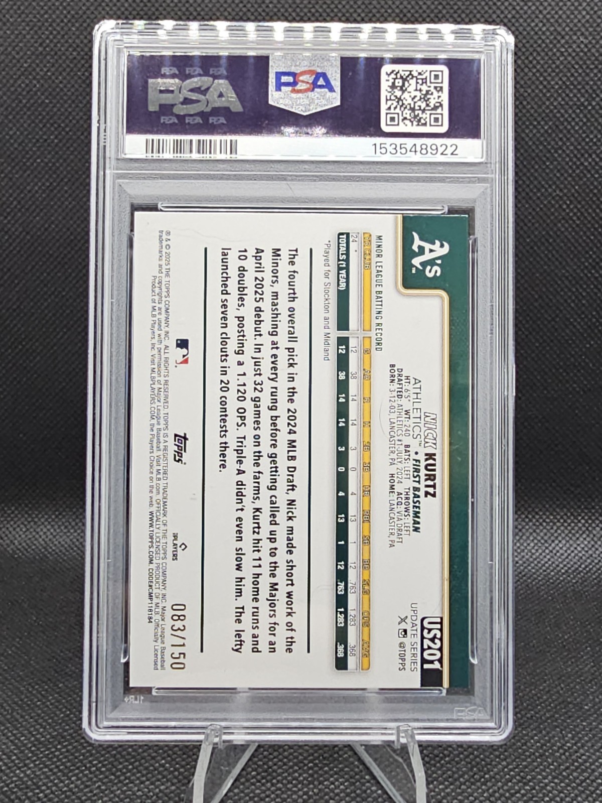 Topps 2025 Update Blue Holofoil Nick Kurtz Athletics Rookie #US201 83/150