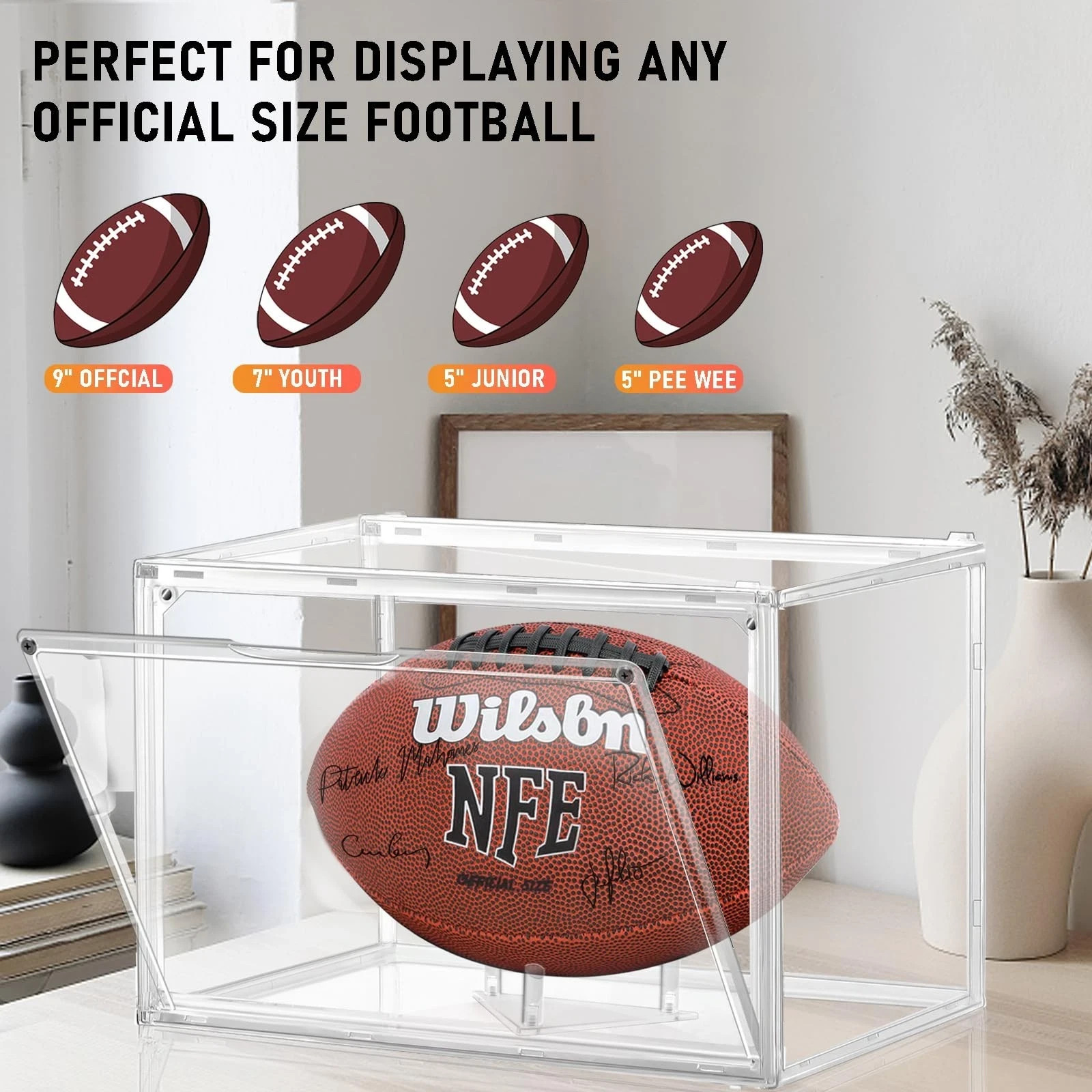 2 Pack Football Display Case, Acrylic Clear Football Case Full Size with Magnet