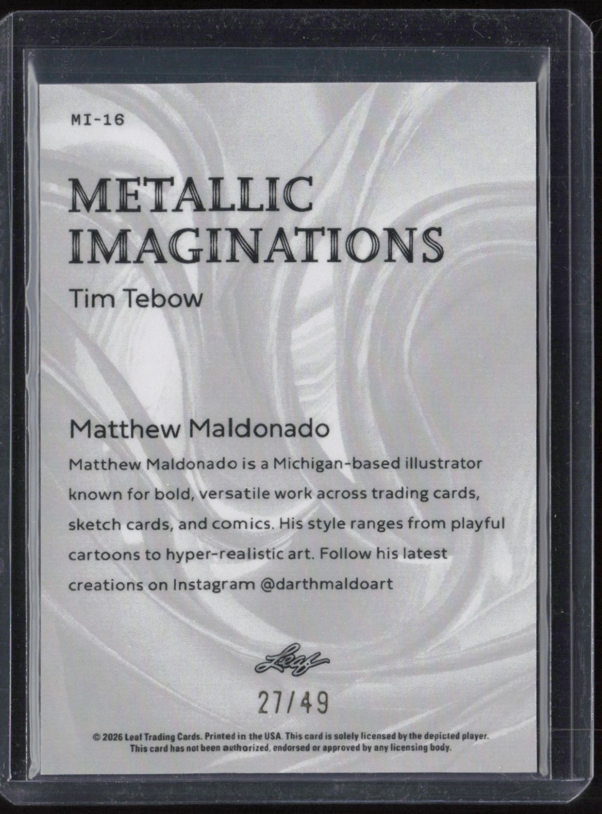 2026 Leaf Metallic Imaginations Prismatic Blue #MI16 Tim Tebow 27/49