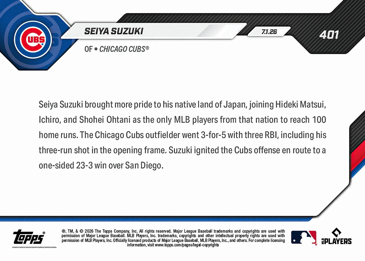 2026 Topps Now #401 Seiya Suzuki Chicago Cubs 100 MLB Home Runs PRESALE