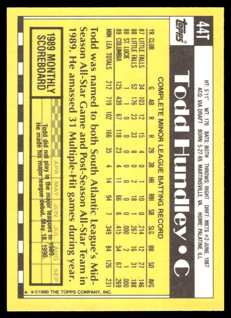 1990 Topps Traded Todd Hundley Rookie New York Mets #44T