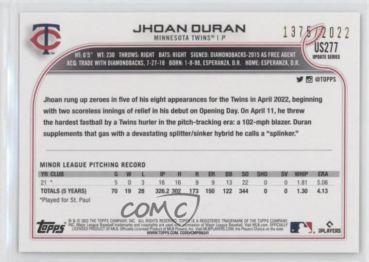 2022 Topps Update Gold 1375/2022 Jhoan Duran #US277 Rookie RC 02sx