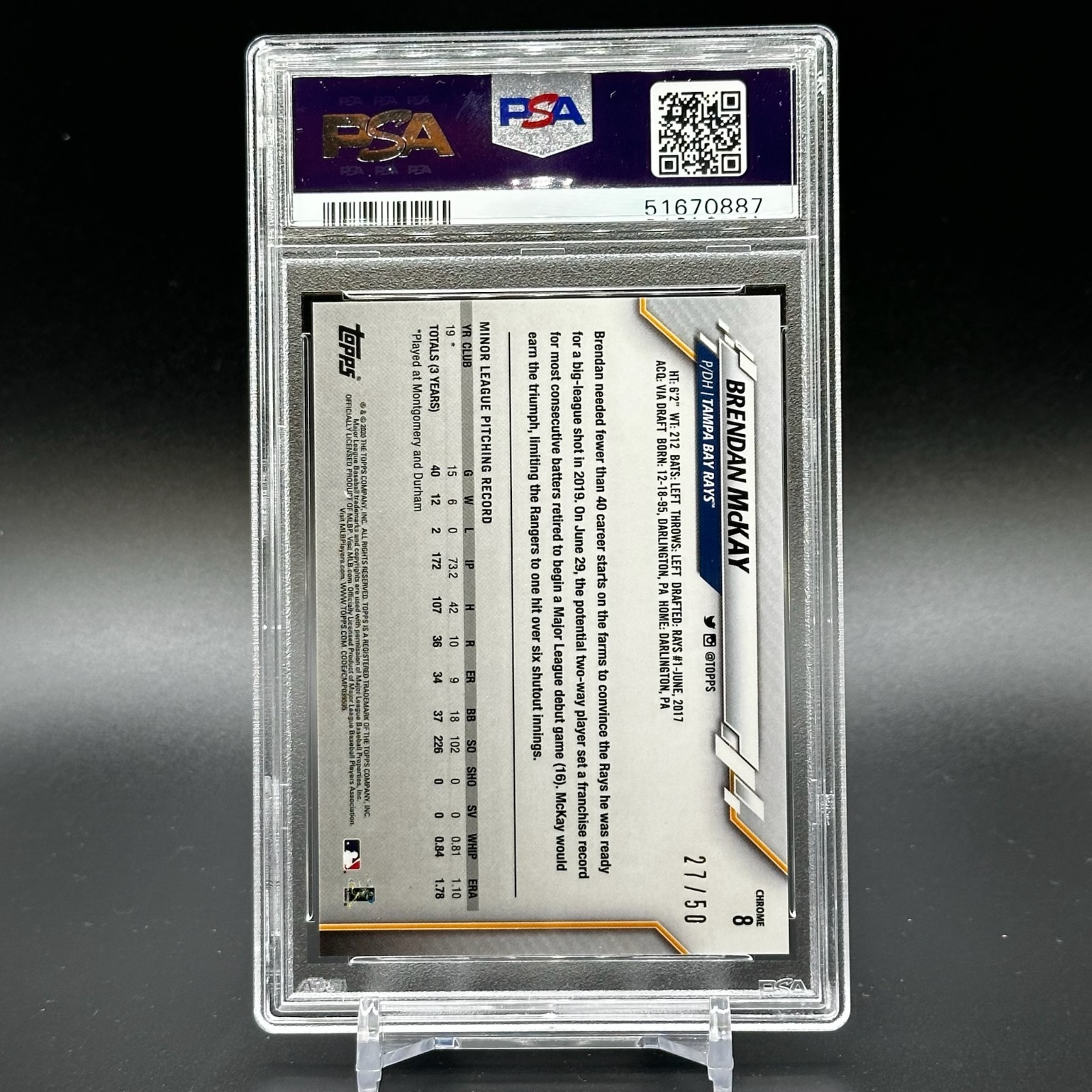 2020 Topps Chrome Brendan McKay Gold Wave Refractor #’d /50 PSA 10 – TB Rays