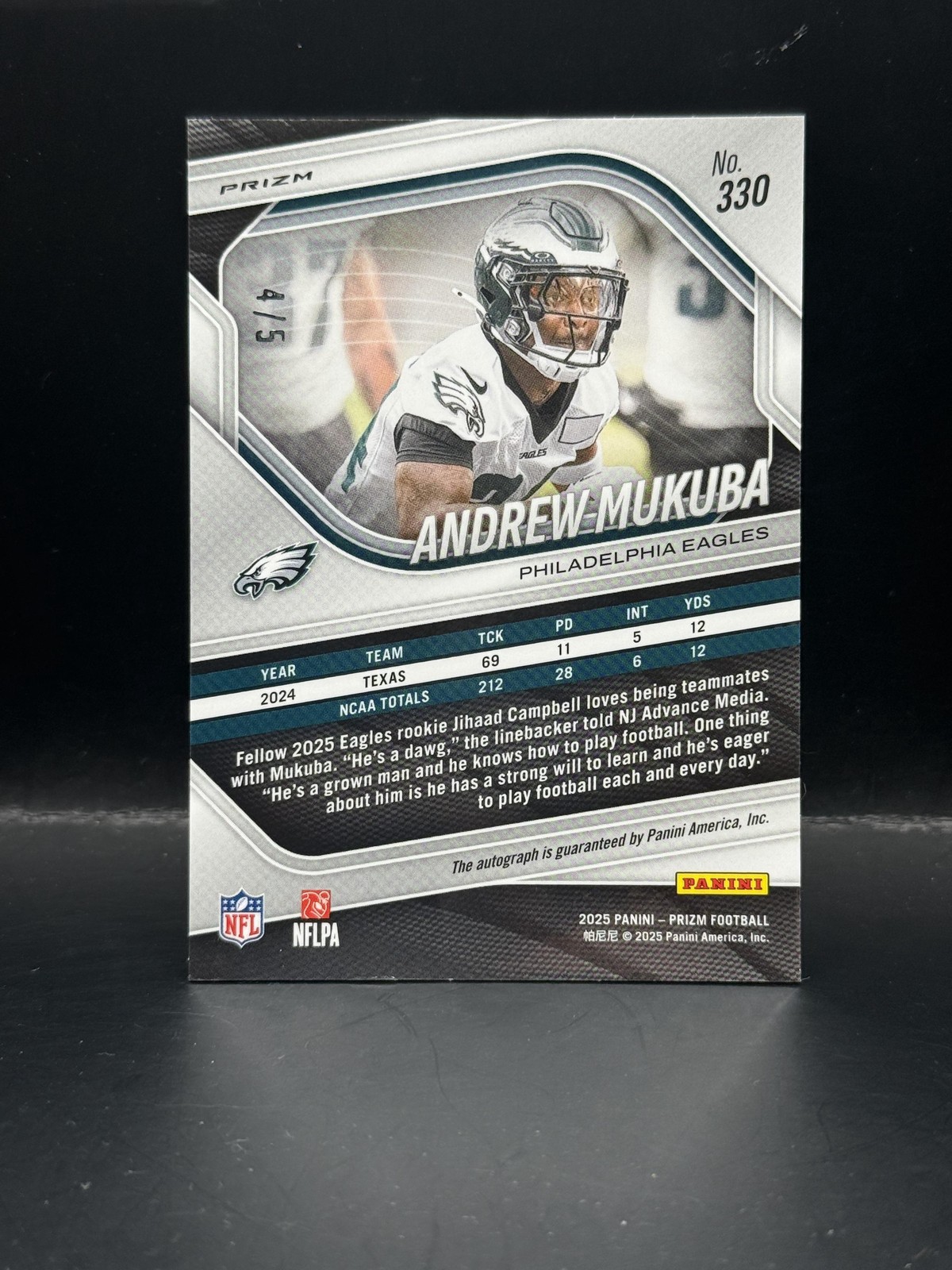 #330 Andrew Mukuba 2025 Panini Prizm SN, AU AU #/5 Eagles Autographs Gold Vinyl