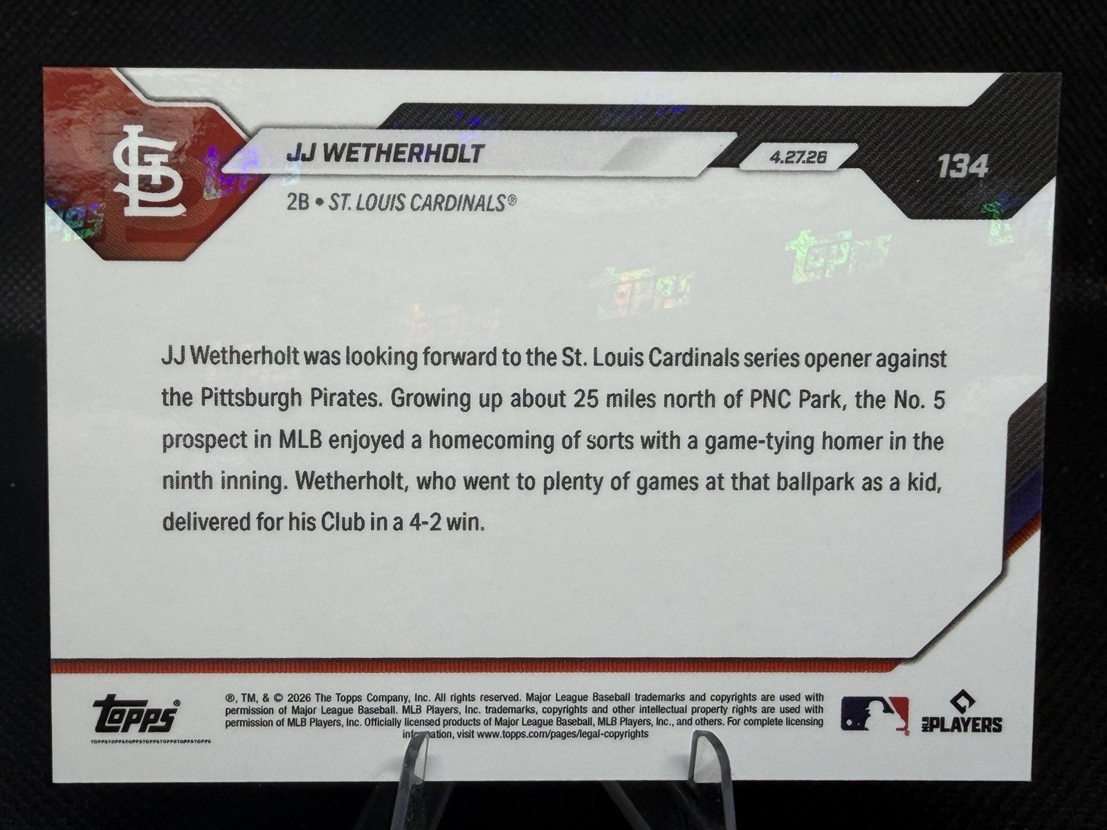 JJ Wetherholt RC Local Kid Hits HR – 2026 MLB Topps NOW Orange Foil /25 #134