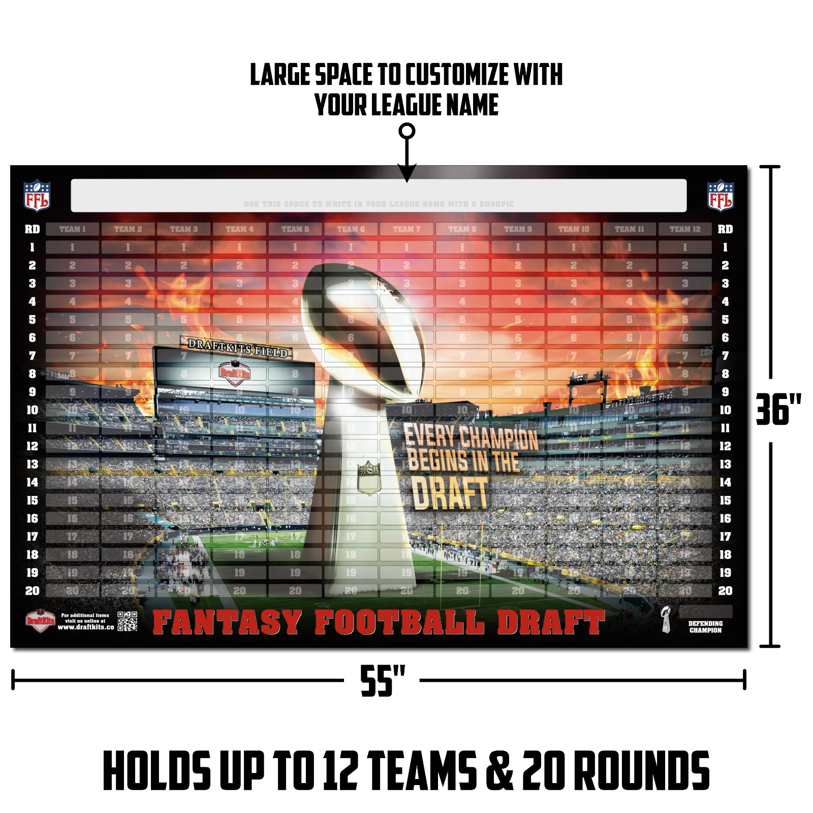 Fantasy Football Draft Board Kit – NEW for 2026 – LARGE Player Stickers & Board