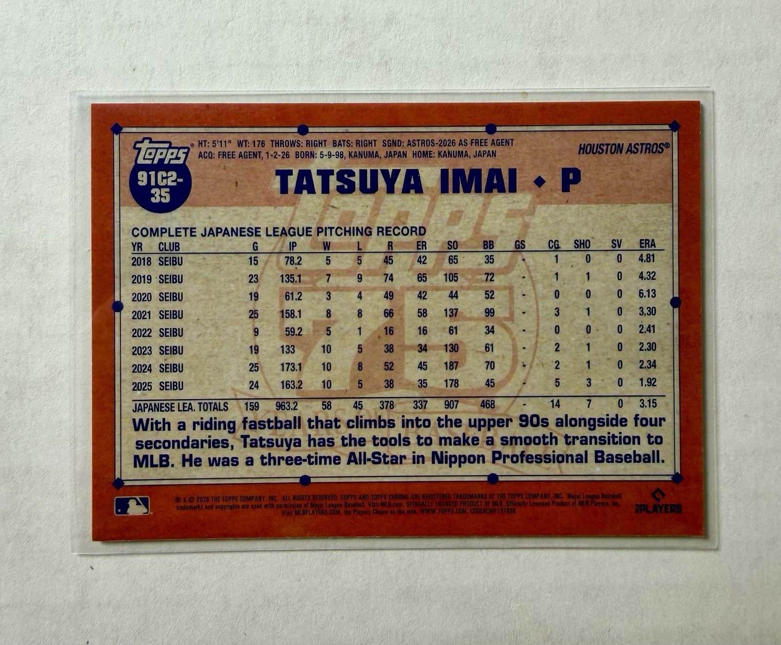 Tatsuya Imai 2026 Topps Series 2 #91C2-35 Silver Pack Mojo Refractor RC Astros