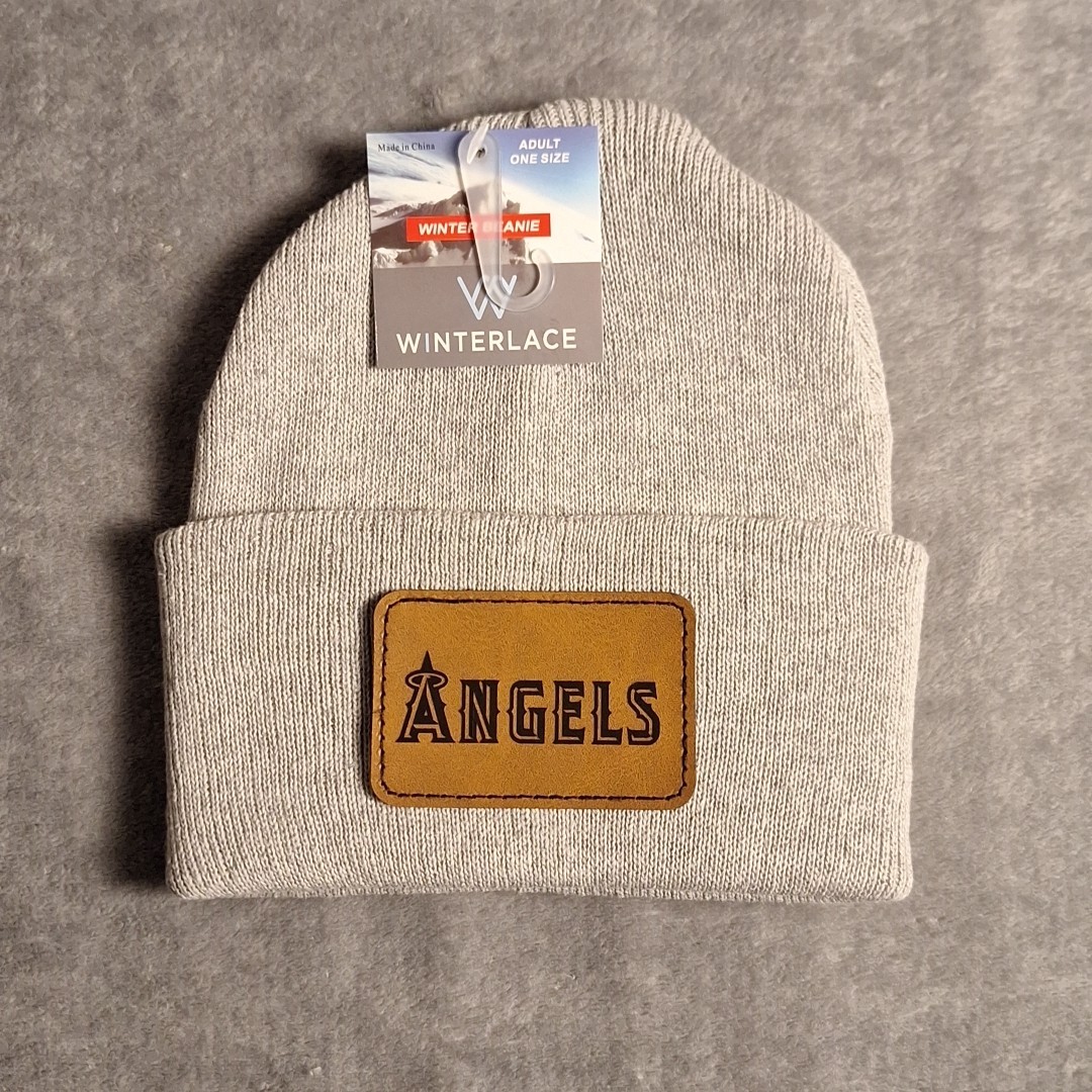 Los Angeles Angels Leather Rectangle Patch Gray Beanie Cap MLB