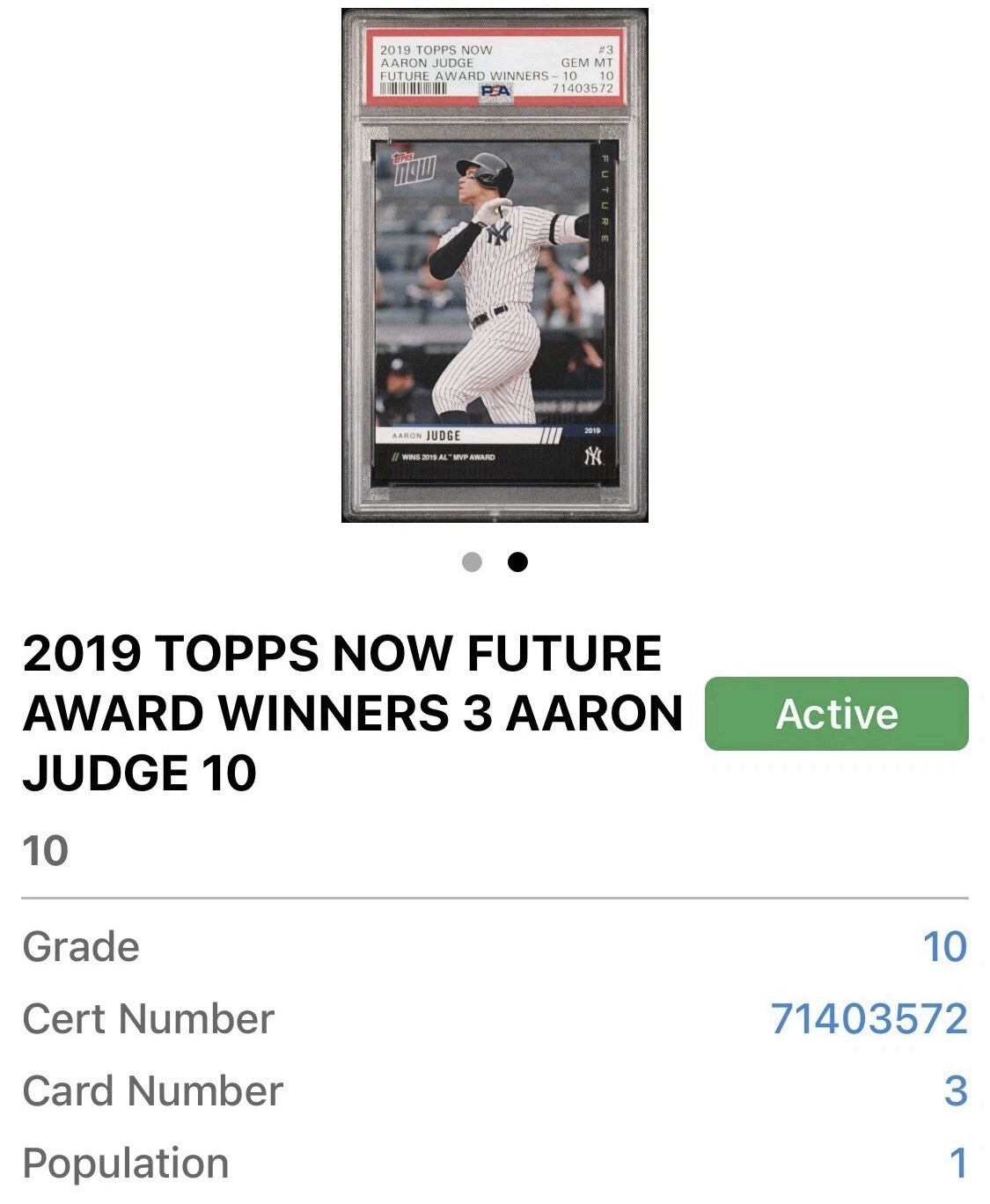 GEM MINT PSA 10 AARON JUDGE 2019 TOPPS POP 1 FUTURE MVP AWARD WINNER GRADE
