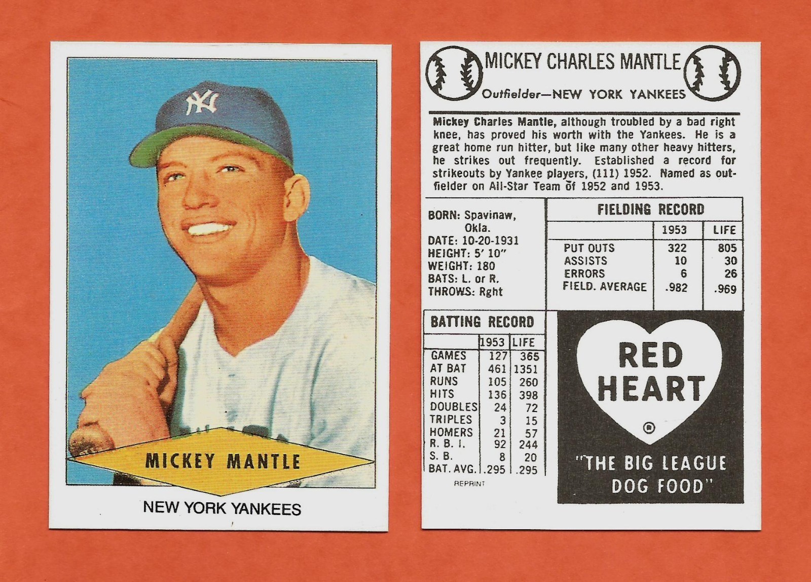 Mickey Mantle New York Yankees 1990’s Renata Galasso Red Heart Baseball Card