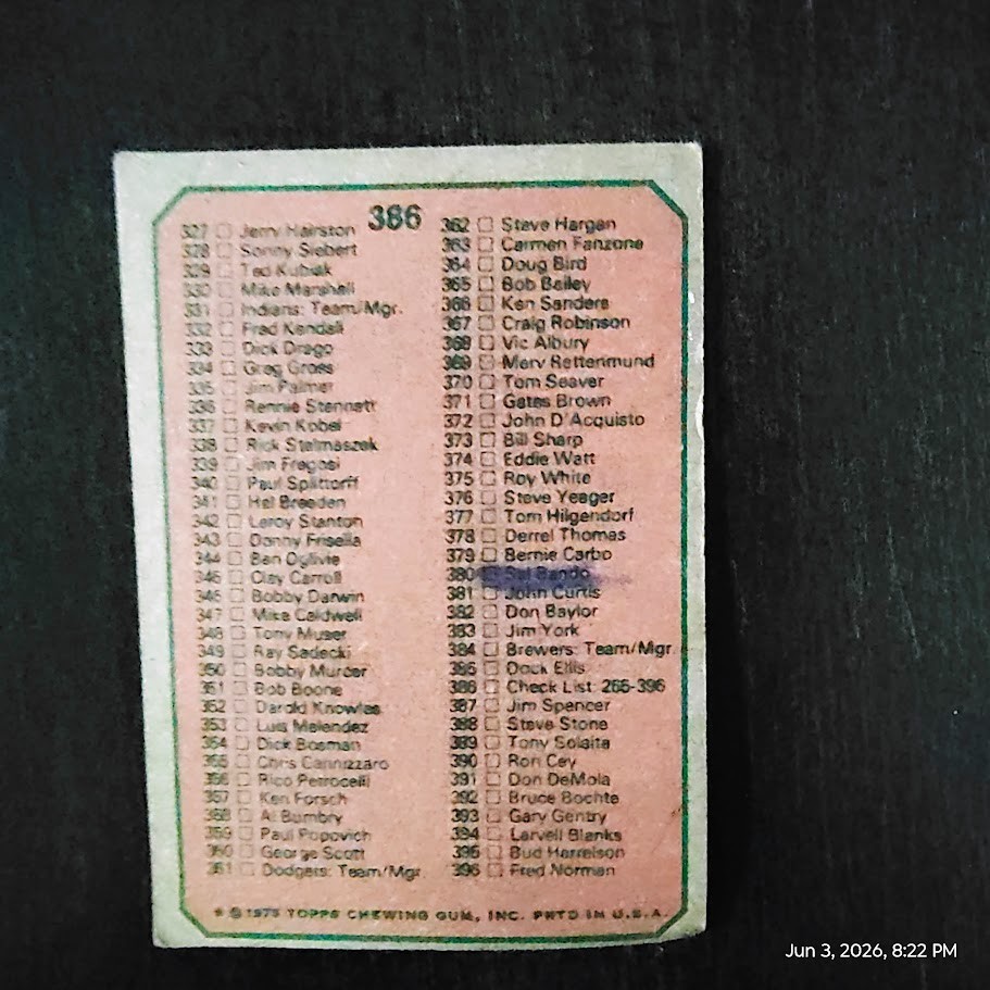 1975 Topps – Checklist Cards 265-396 #386 (Mark on Back)