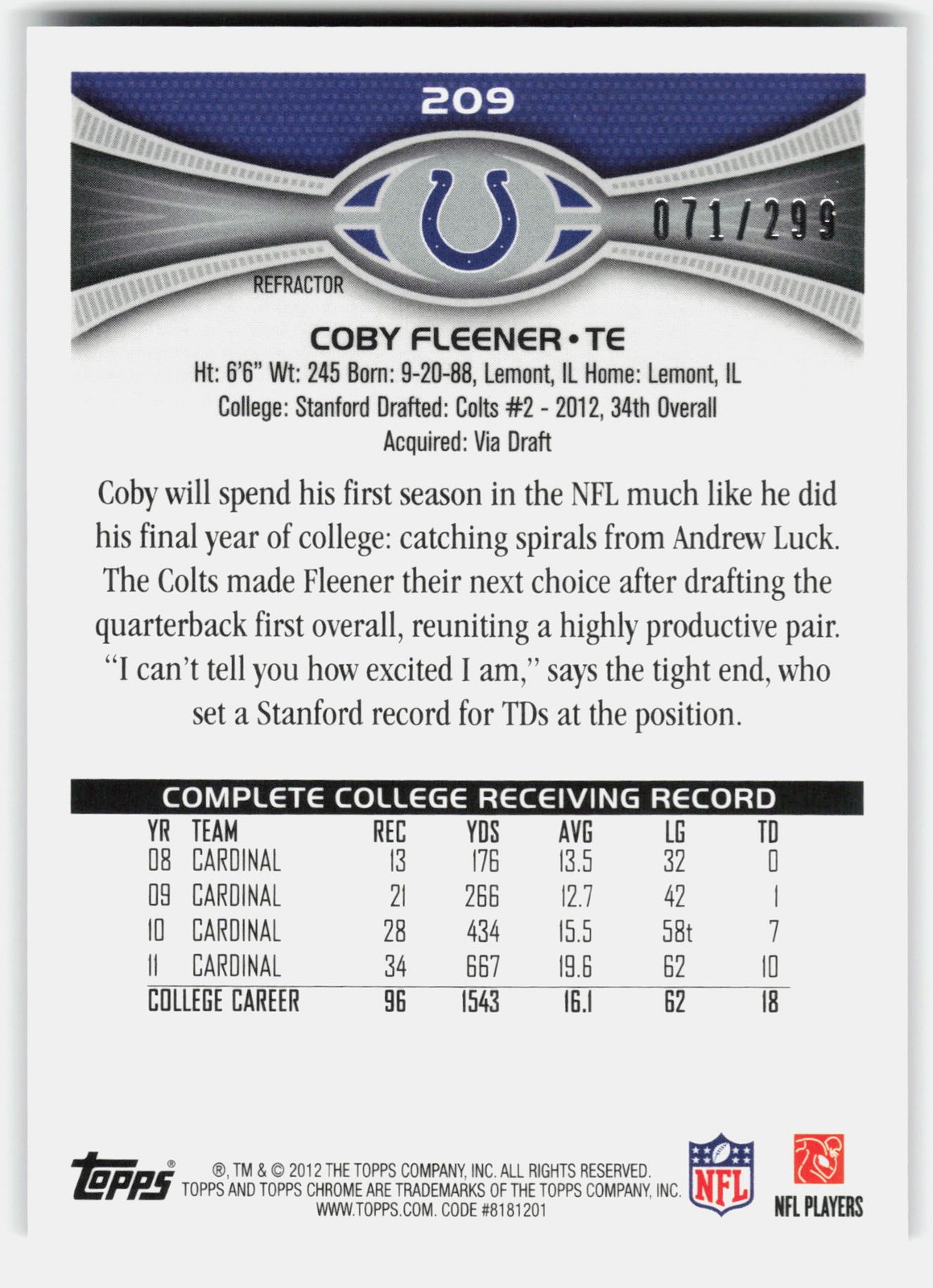2012 Topps Chrome Black Refractors Coby Fleener Rookie #209 Colts SN,RC