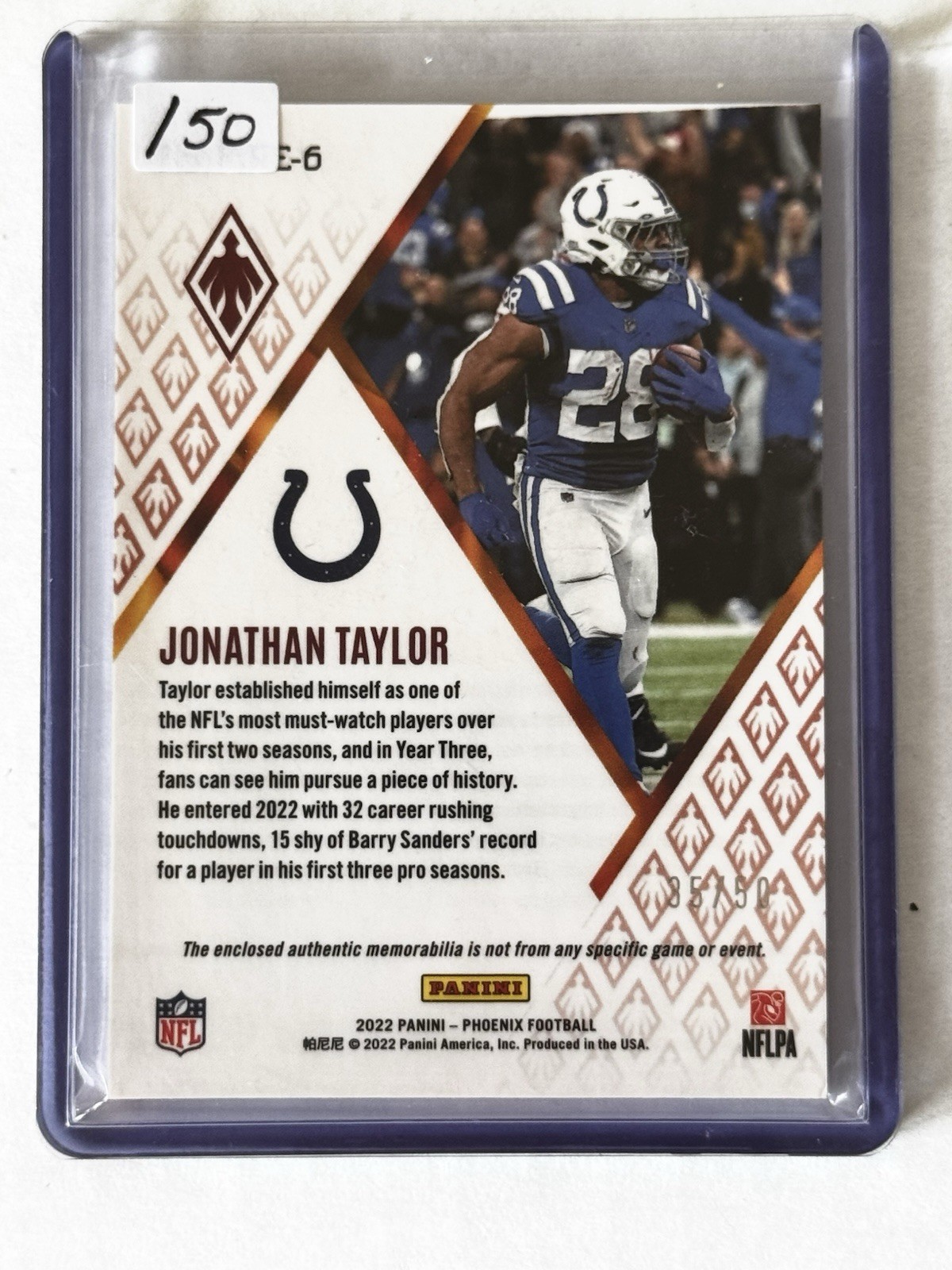 2022 Panini Phoenix – Fire Fabrics Jonathan Taylor #FIRE-6 Purple /50 (MEM)