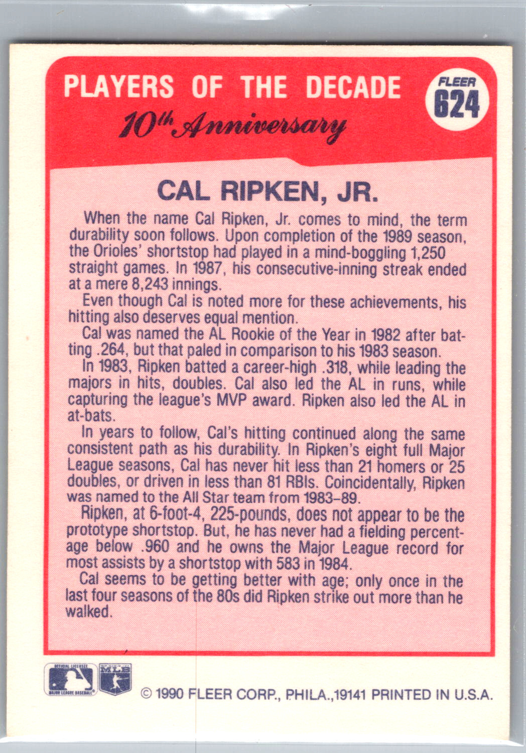 Cal Ripken, Jr. Fleer 624 1990 Baltimore Orioles – MLB Cards! NM