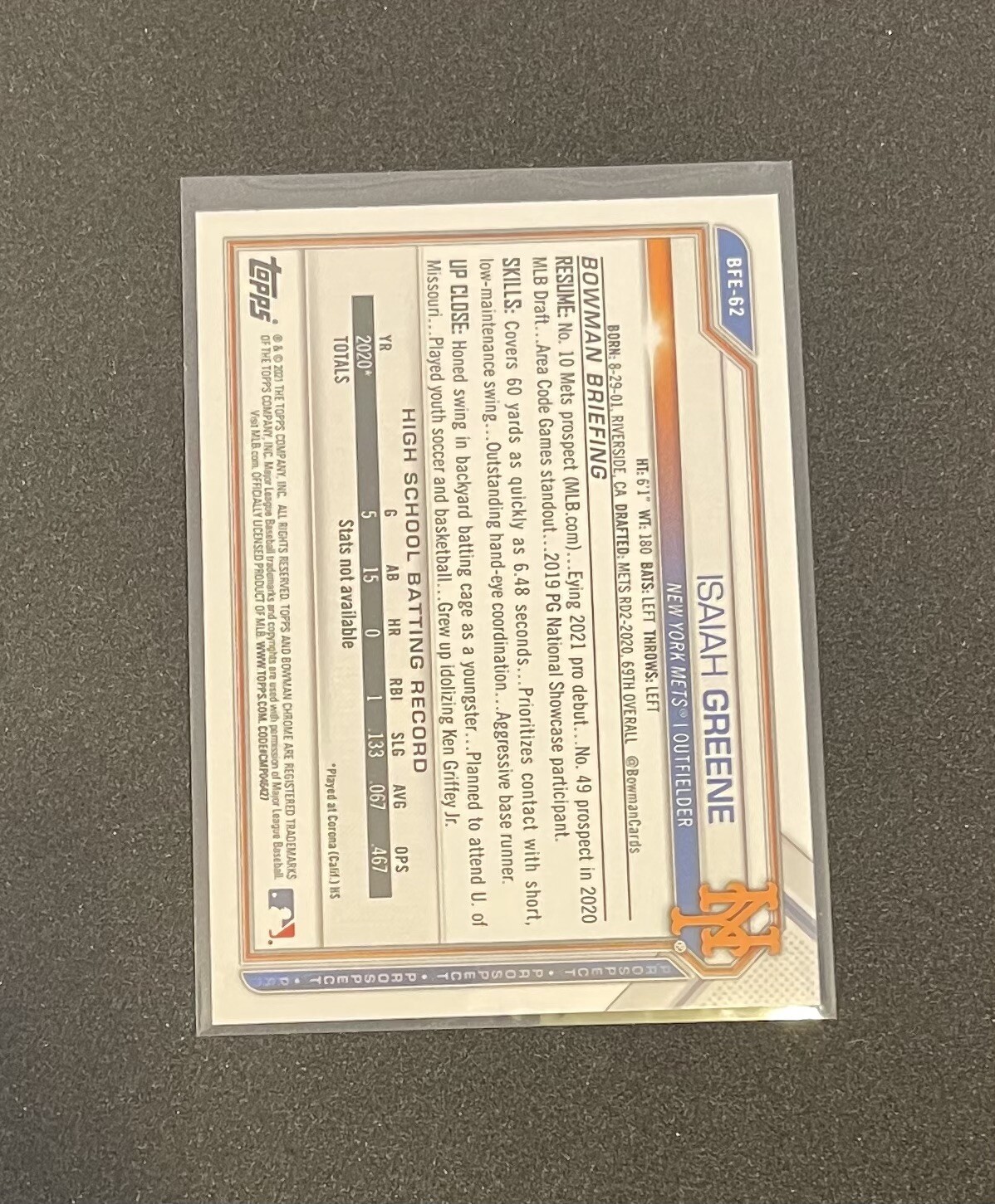 2021 Bowman 1st Edition Base #BFE-62 Isaiah Greene – New York Mets