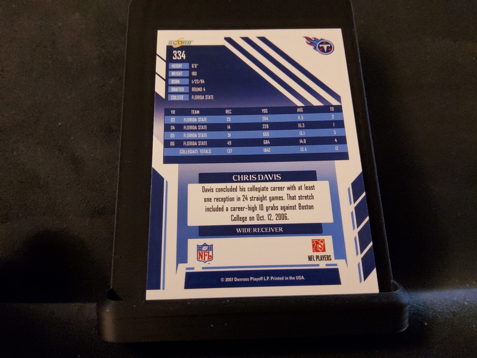 2007 Score Donruss Playoff Rookie Chris Davis #334 Tennessee Titans NM