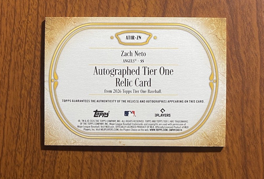 2026 Topps Tier One Zach Neto Game-Used Relic Patch Auto /199 Angels