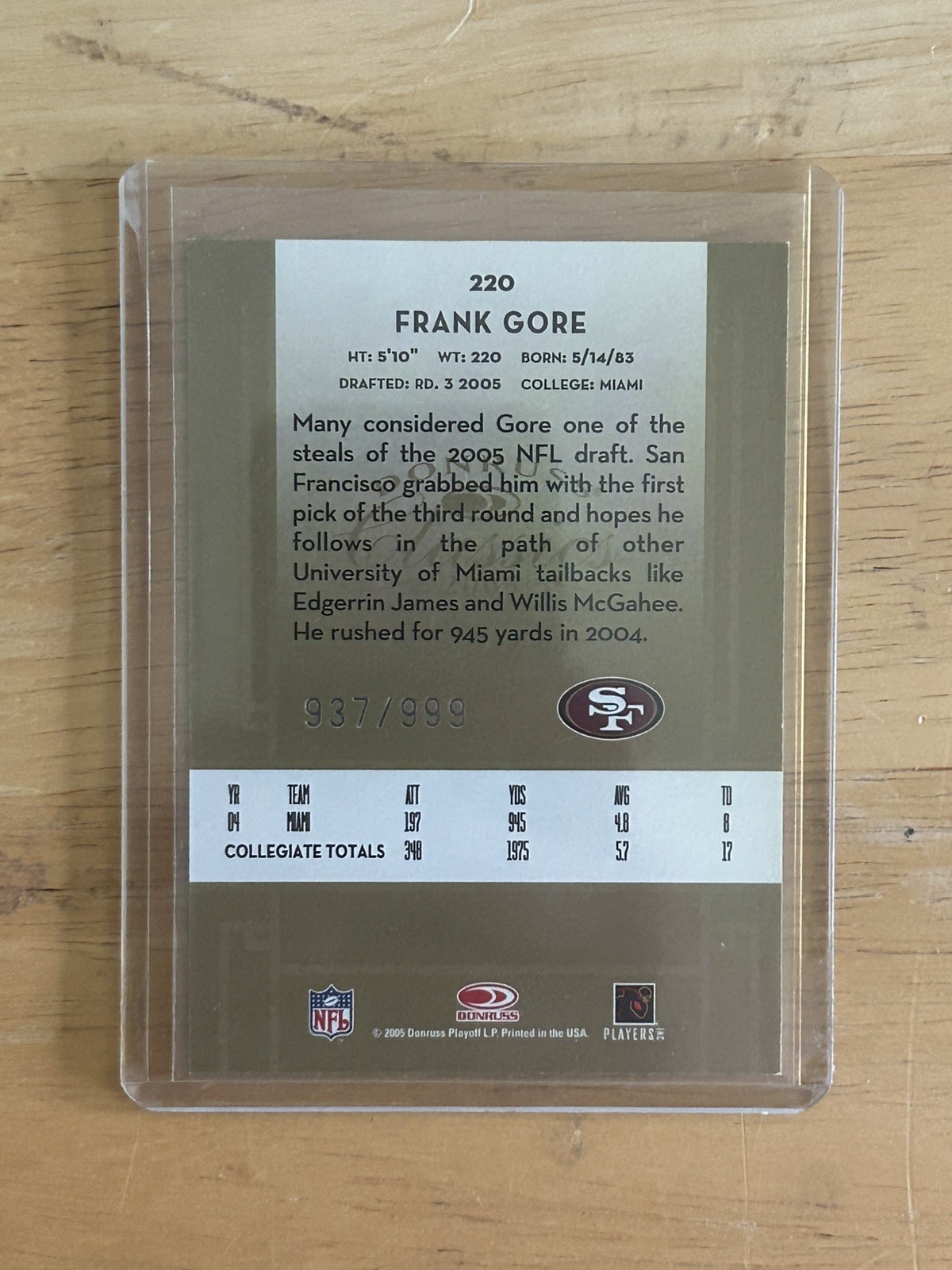 2005 Donruss Classics – Rookie Frank Gore #220 /999 (RC)