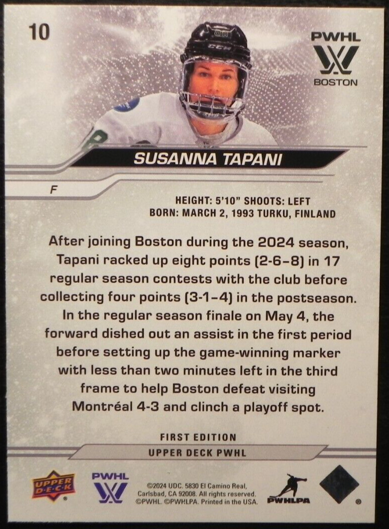 2024-25 24/25 Upper Deck PWHL First Edition #10 Susanna Tapani Boston Fleet