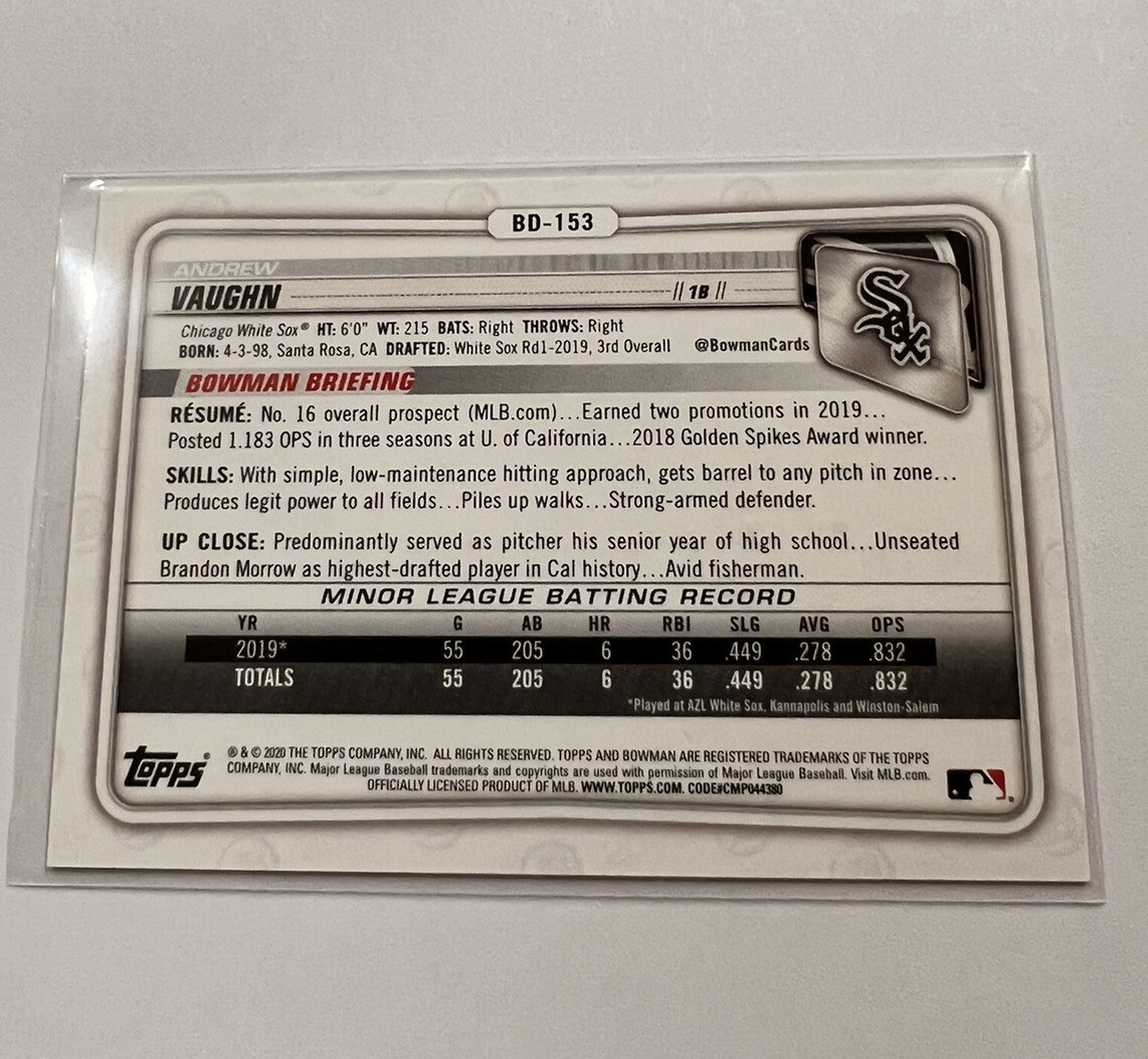 2020 Bowman Draft 1st Edition Andrew Vaughn #BD-153 Yellow Foil /75 White Sox