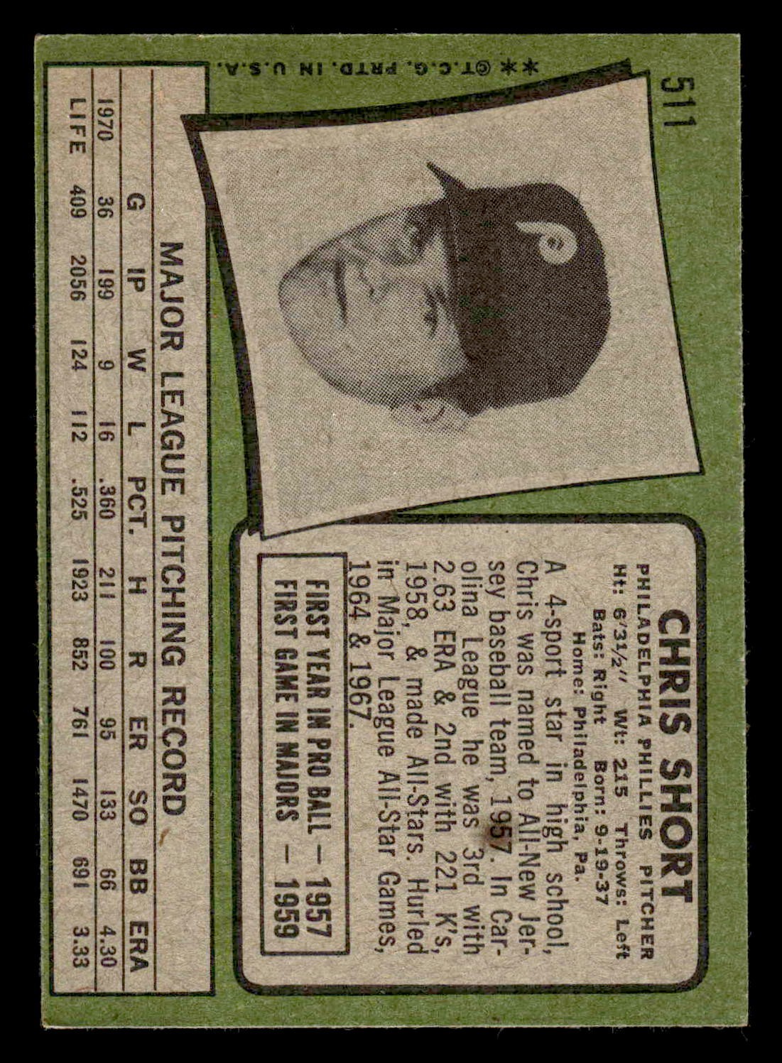1971 Topps #511 Chris Short – VGEX-EX *TedsCardShack*