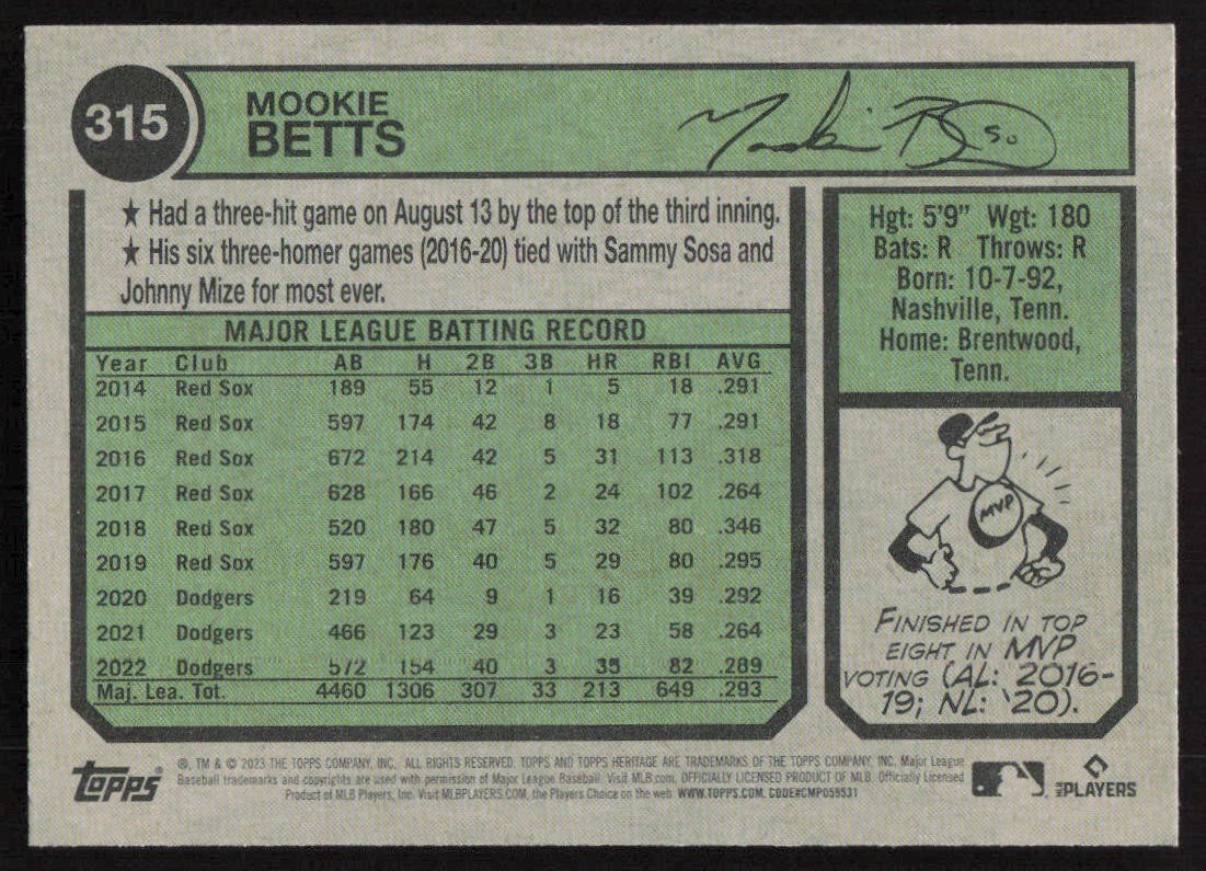 2023 Topps Heritage Mookie Betts #315 Los Angeles Dodgers