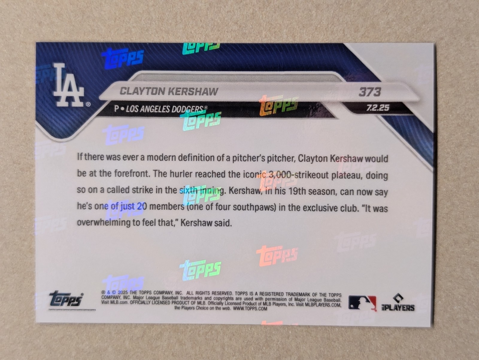 2025 Topps Now #373 – Clayton Kershaw #373 3K Strikeouts Dodgers
