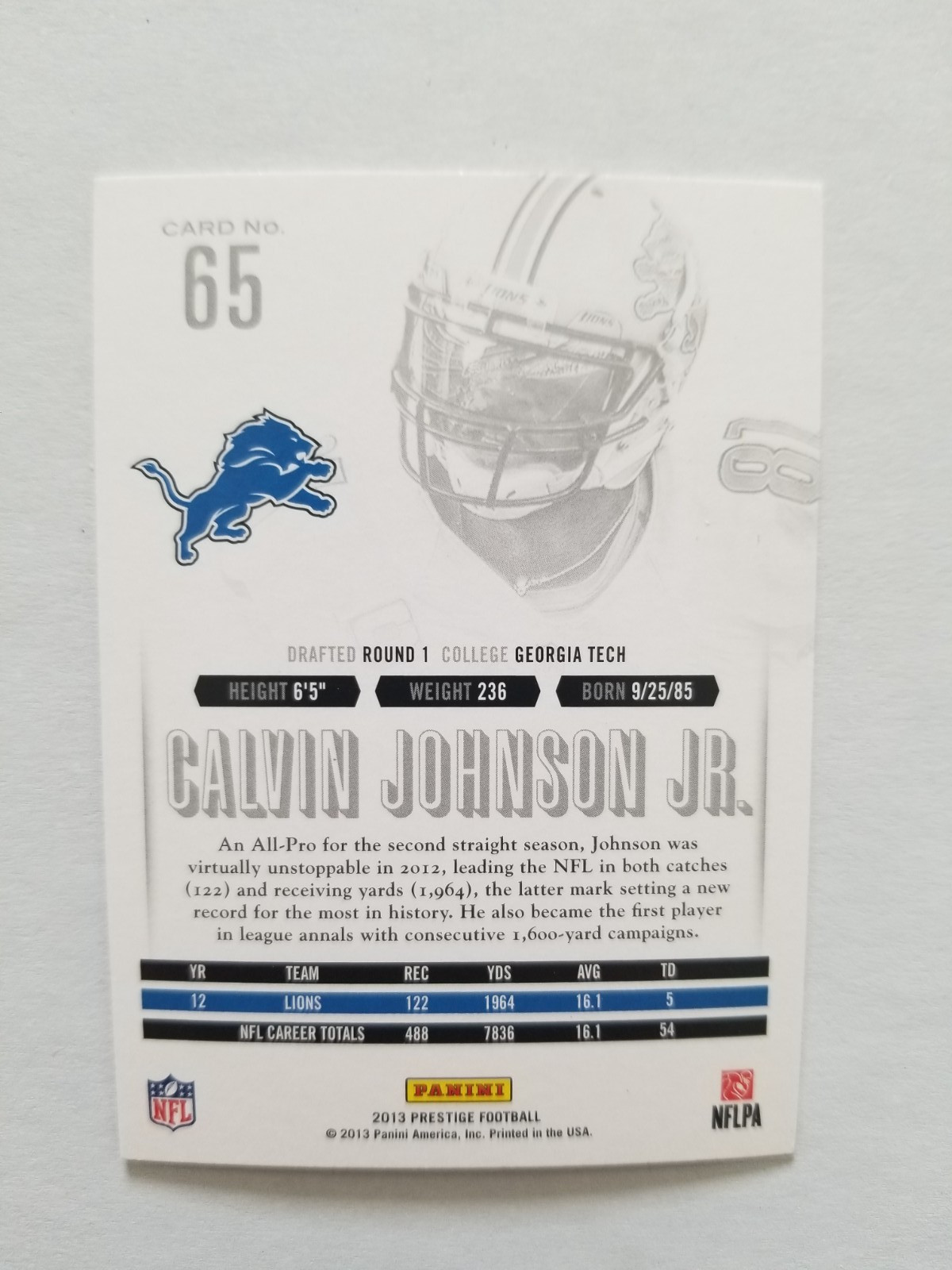 2013 Panini Prestige #65 Calvin Johnson Detroit Lions