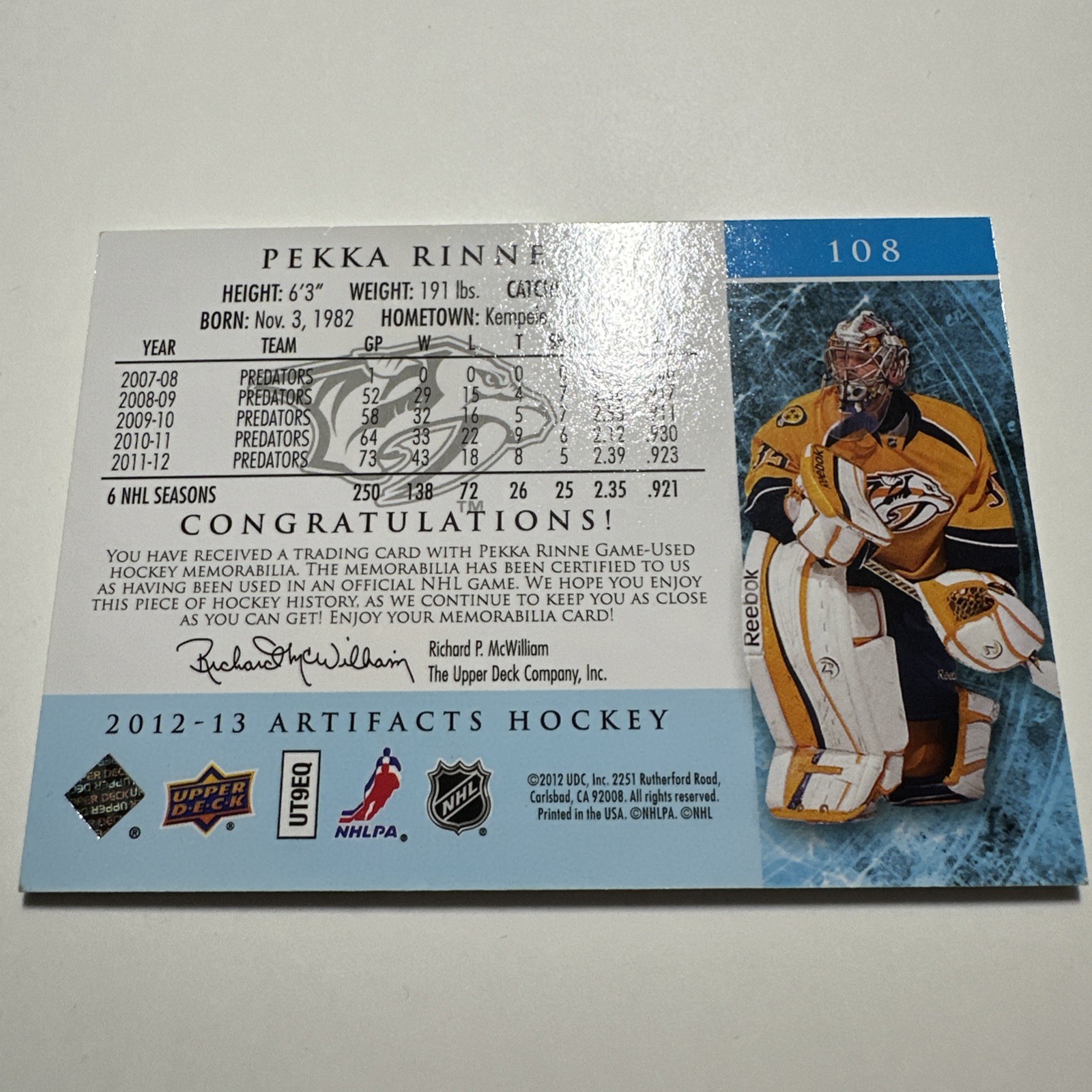2012-13 Upper Deck Artifacts – Pekka Rinne #108 Jersey/Jersey /125 (MEM)