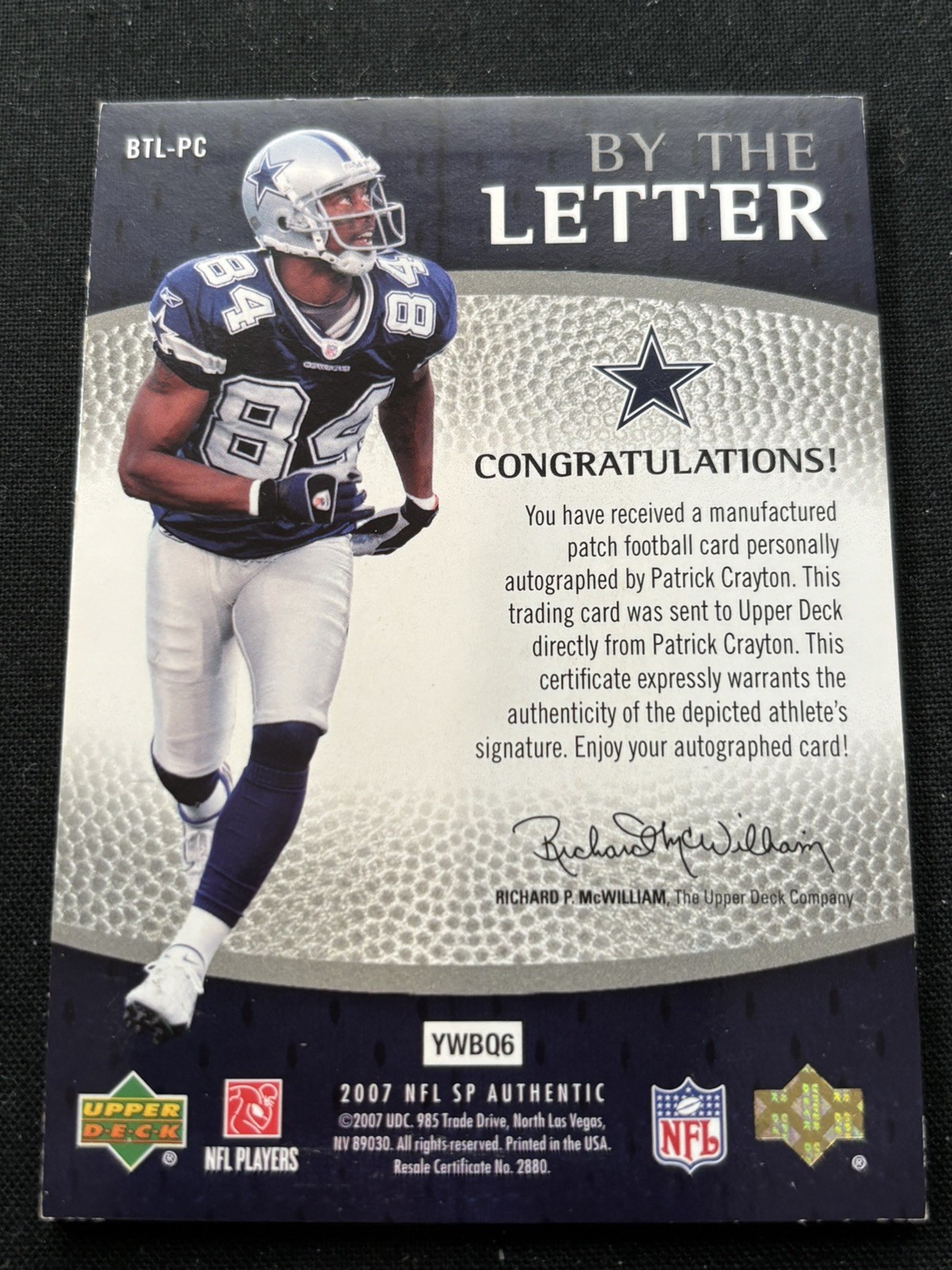 Patrick Crayton 2007 SP Authentic By the Letter Autographs 42/50 Cowboys #BTL-PC