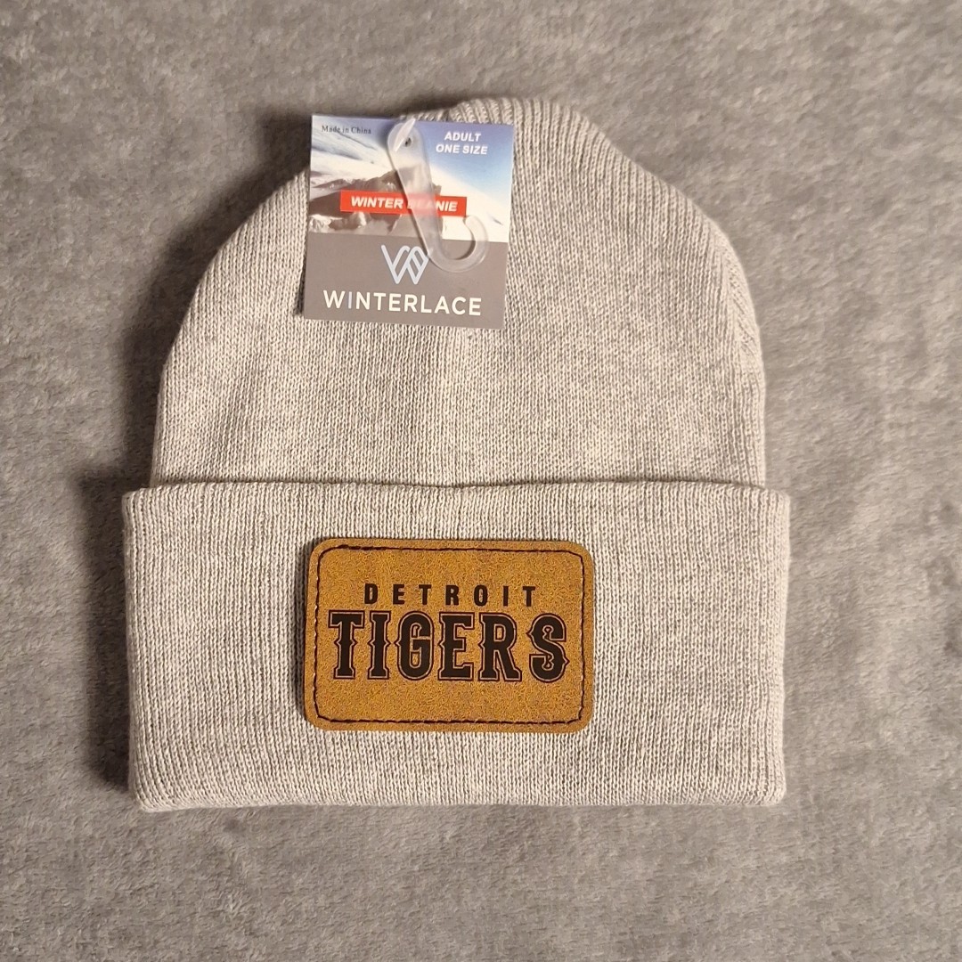 Detroit Tigers Leather Rectangle Patch Gray Beanie Cap MLB